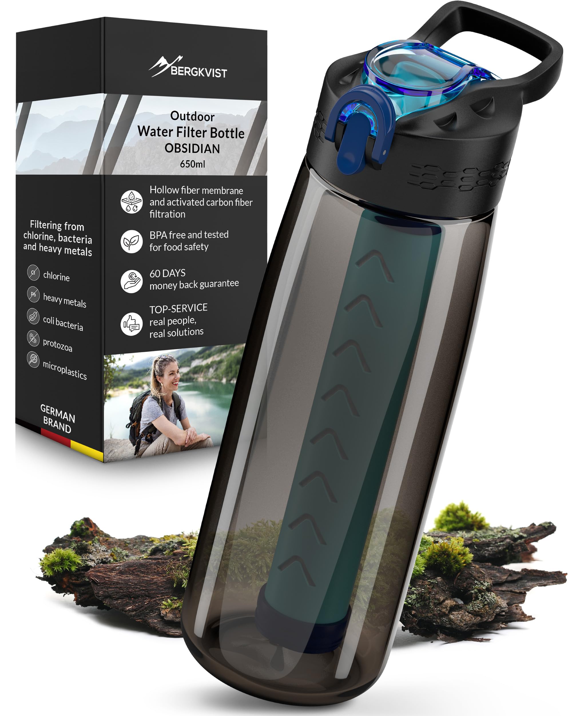 BERGKVIST® Borraccia filtrante acqua da esterno OBSIDIAN con bussola | Bottiglia con filtro per acqua potabile pulita, trattamento dell'acqua per attrezzature da campeggio e sopravvivenza, 650ml