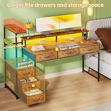 151cm Computer Desk with 6 Fabric Drawers, Reversible Home Office Desk with Printer Cabinet, Writing Desk with Monitor Stand & Power Outlets, Study Table with LED Light, Rustic Brown