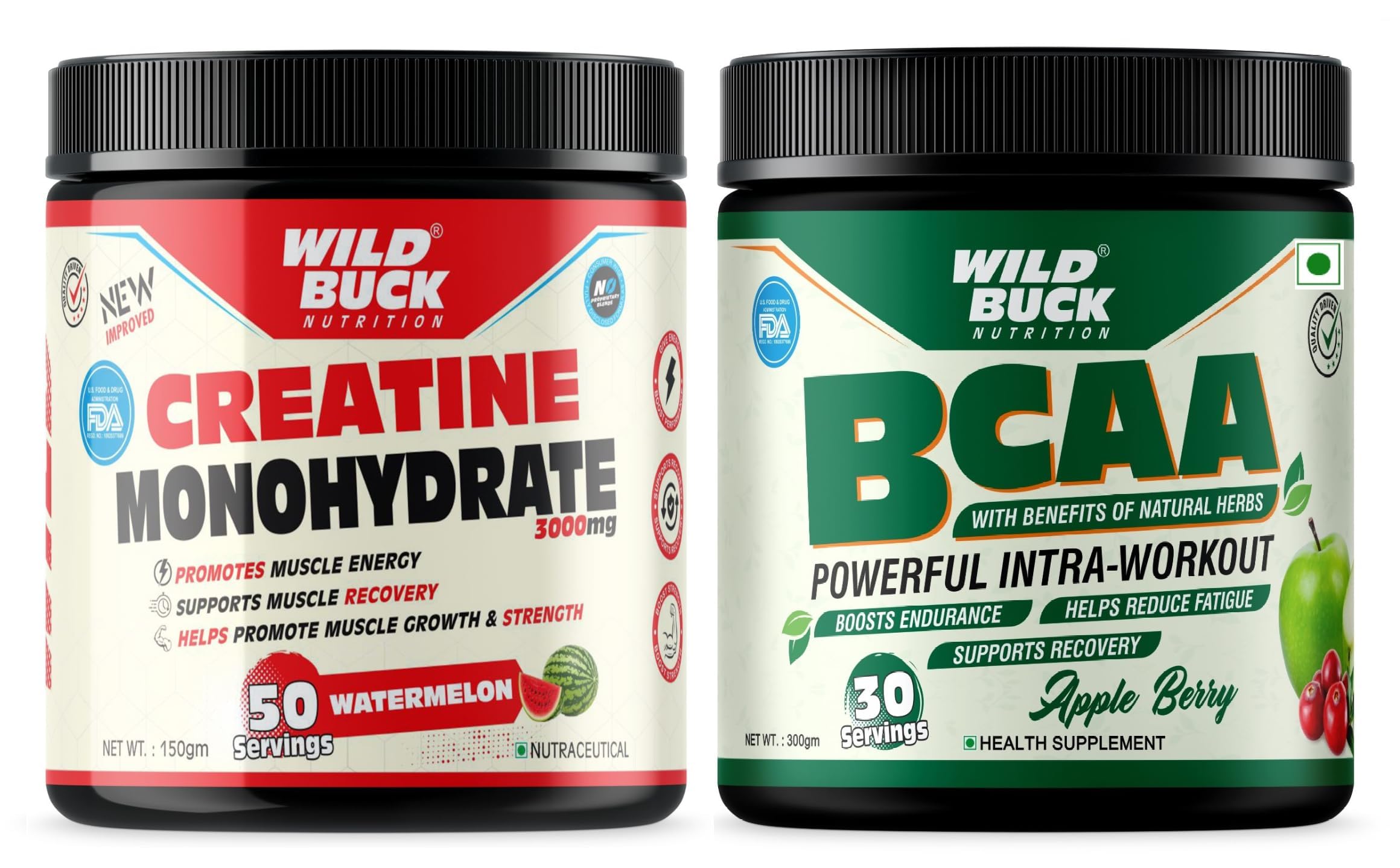 WILD BUCK Creatine Monohydrate, Strength, Reduce Fatigue, 100% Pure Creatine, Lean Muscle Building, Supports Muscle Growth, Athletic Performance, Recovery | Muscle Builder, Energy Support Supplement [50 Servings, Watermelon] + Wild Buck BCAA Powder with Natural & Powerful Herbs for Muscle Endurance, Muscle Growth, Recovery & Hydration | Pre, Intra & Post Workout BCAAs Supplement for Women & Men [Apple Berry, 30 Servings, 300g]