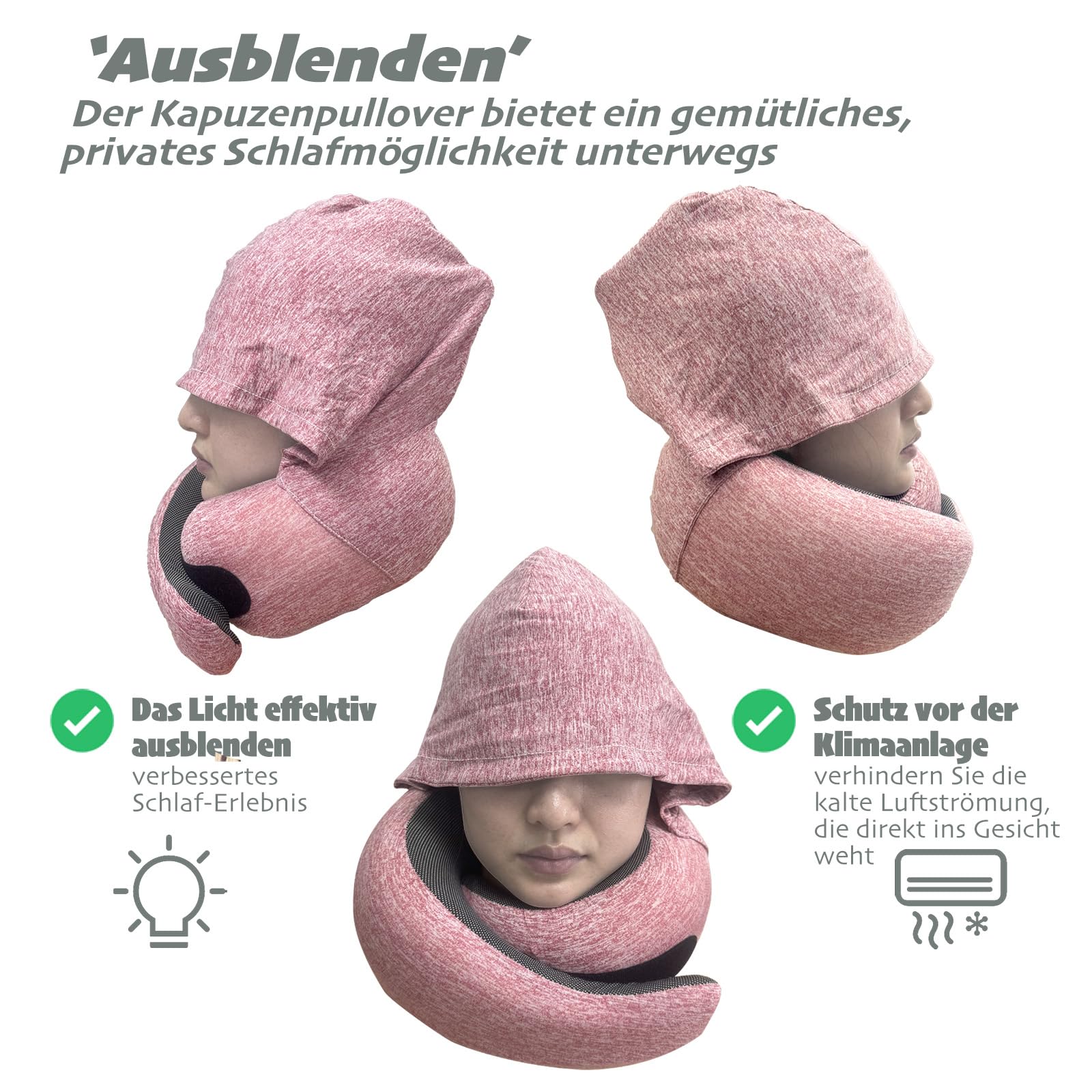 Almohada cervical de viaje ergonómica con capucha plegable, almohada cervical, espuma viscoelástica premium, diseño contorneado 360º, funda lavable, juego completo de viaje, para avión (rojo