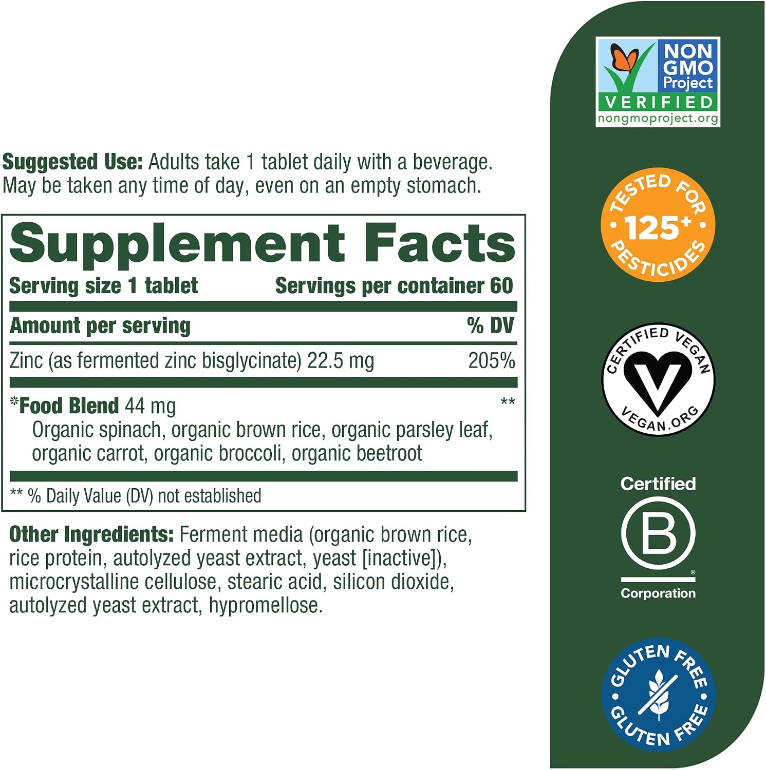 MegaFood Zinc - Immune Support Supplement - High Potency Fermented Zinc Supplements with Nourishing Food Blend - Vegan, Non-GMO, Gluten-Free, and Kosher - Made Without 9 Food Allergens - 60 Tabs