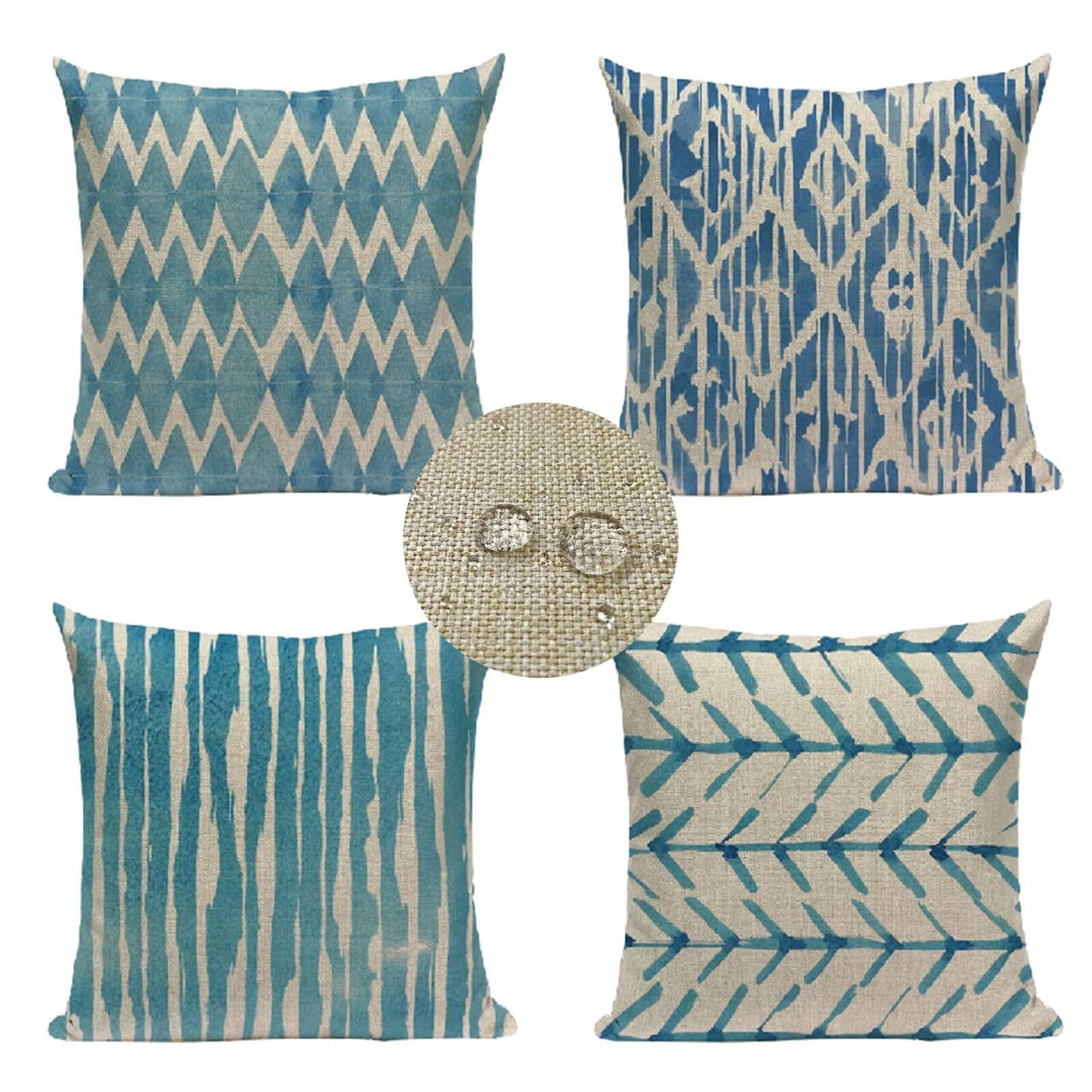 Set di 4 Federe Cuscini Divano 50x50cm, Linee geometriche Fodere per Cuscini Esterno Impermeabil Lino Copricuscini Divano, Balcone Soggiorno Sedia Letto Blu Cuscino per Divano Esterno Giardino HZ-3134