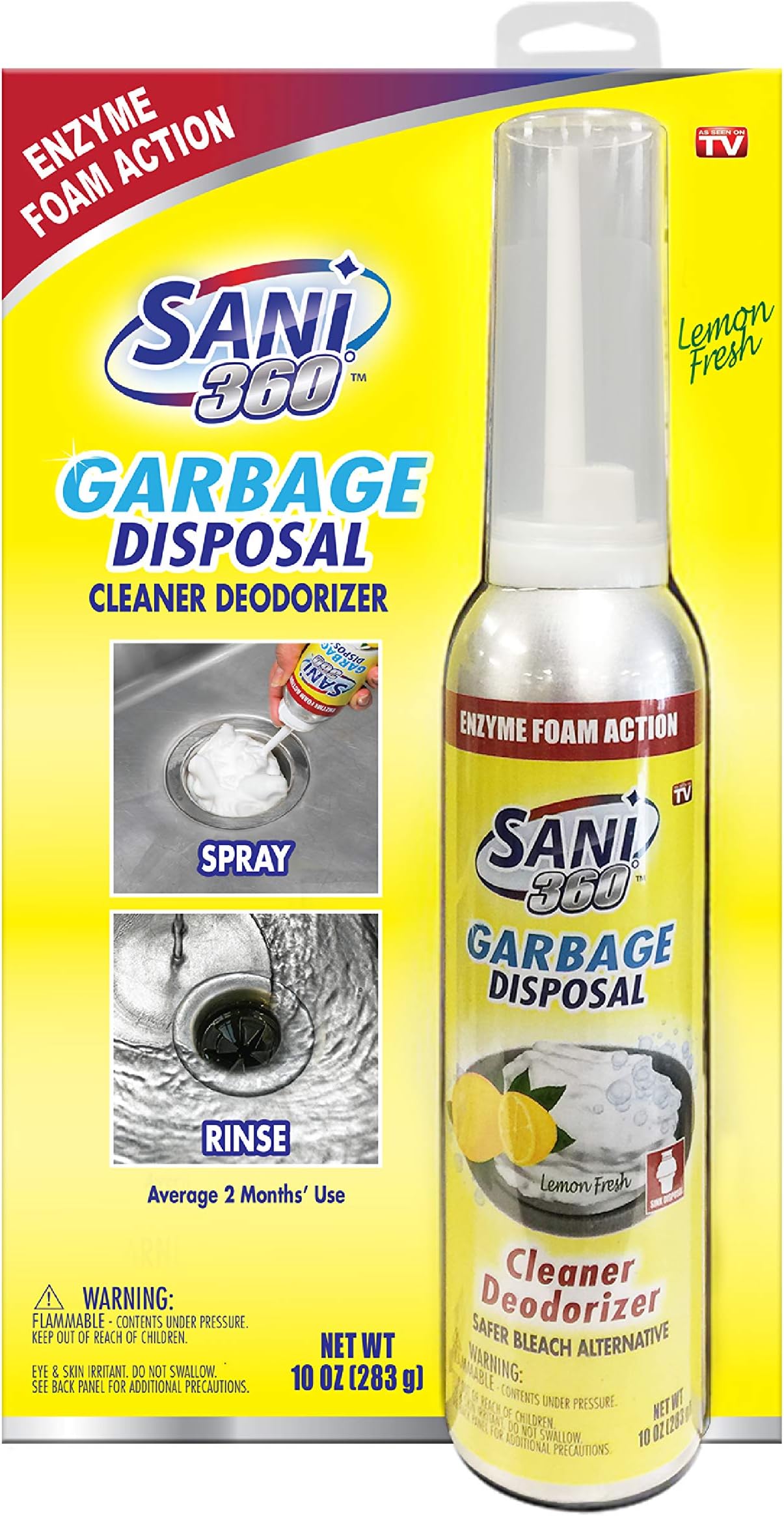 Sani 360 Garbage Disposal Cleaner — Lemon Scent, 10oz Bottle of Foam - 8 to 10 Uses