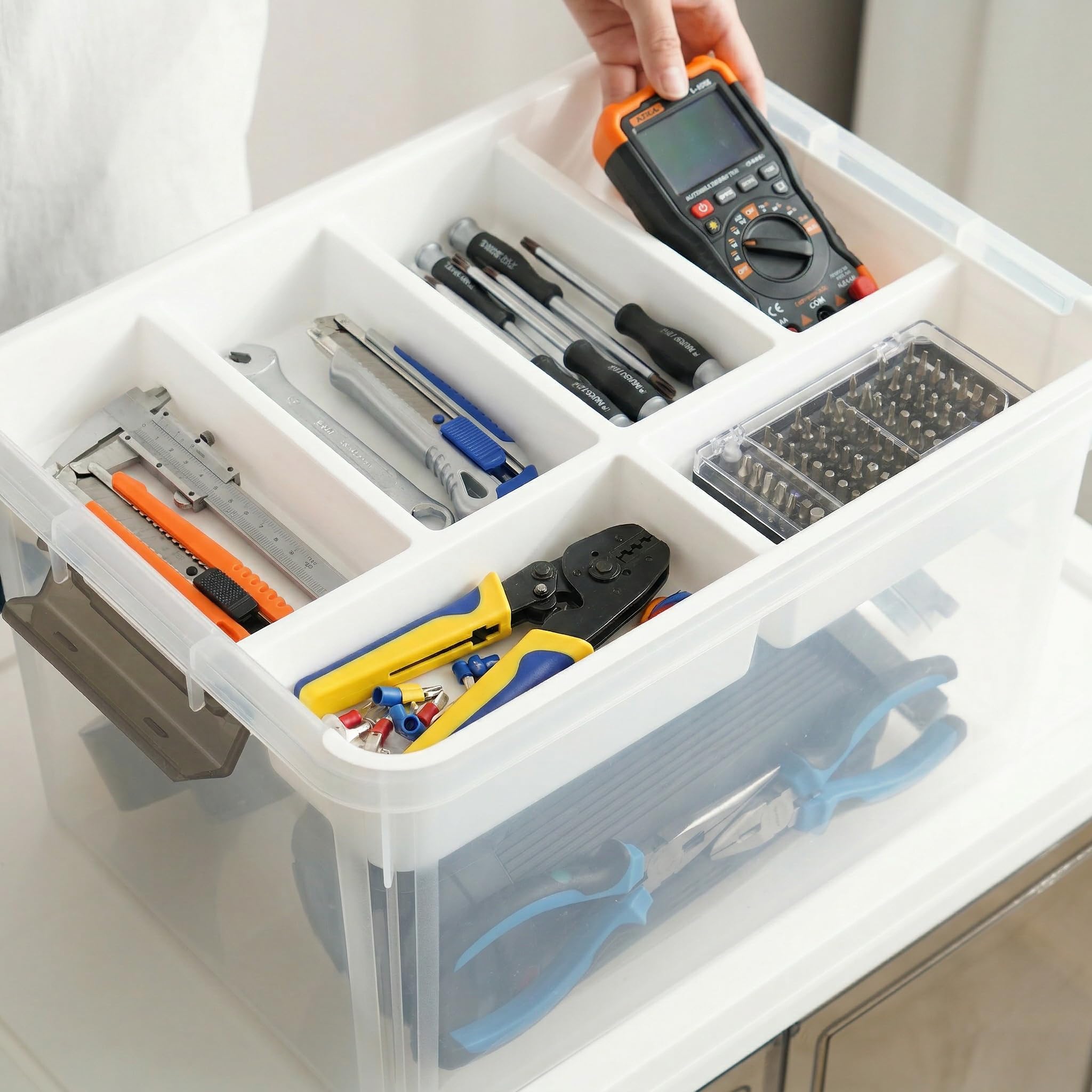 30L Aufbewahrungsboxen für Klemmbausteinen mit Deckel, Multifunktionale Kisten mit Abnehmbarem Tablett, Stabile Plastikbox, Bastelaufbewahrungs box für Organisation von Werkzeug, Handwerk, Wollgarn