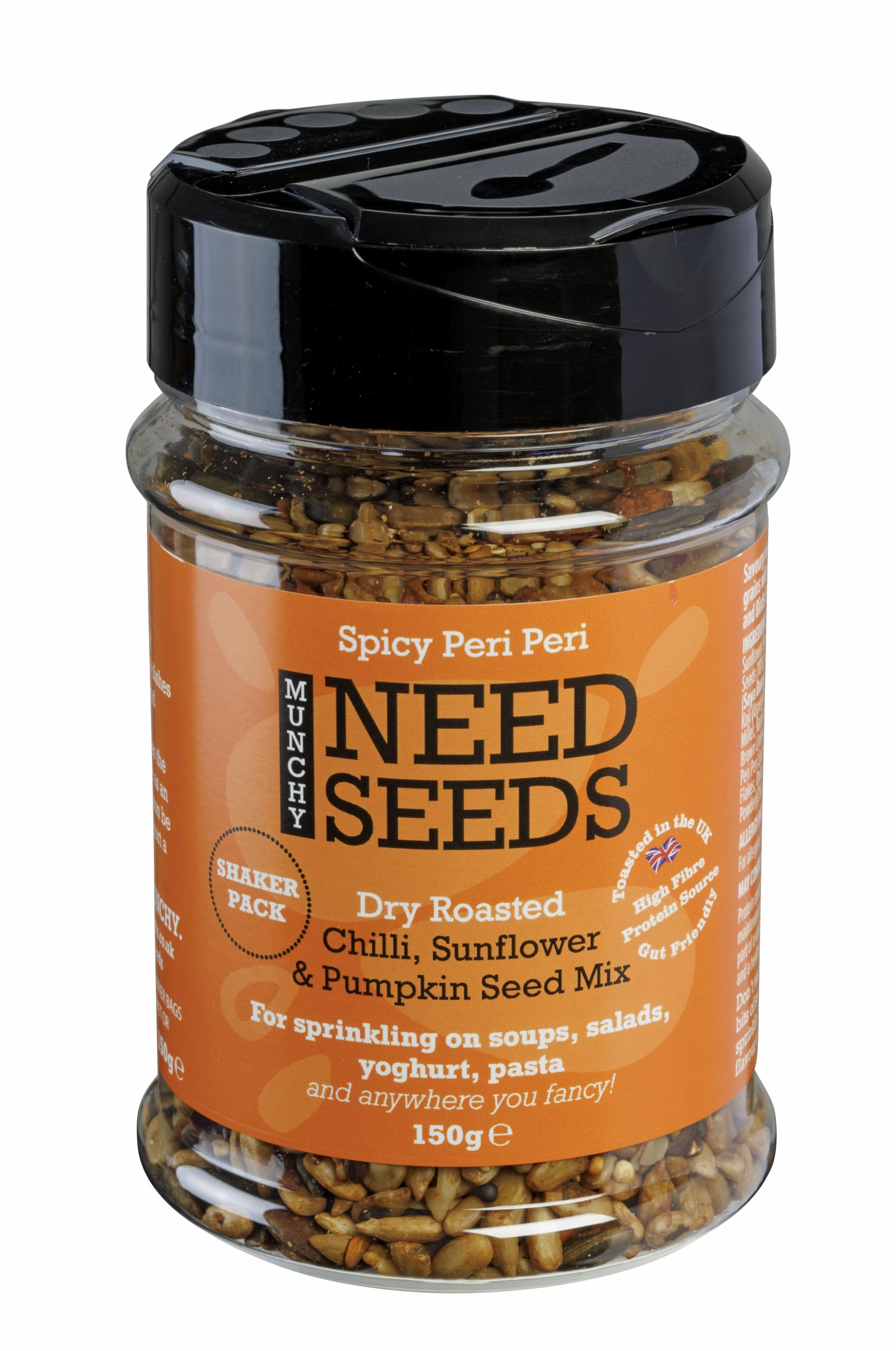 MUNCHY SEEDS Spicy Peri Peri 150g - Lightly Toasted Peri peri Seeds in a Convenient Shaker with a Spicy Kick, Great for Snacking, Topping Salads, Adding Heat to Dishes - Gluten-Free Shaker