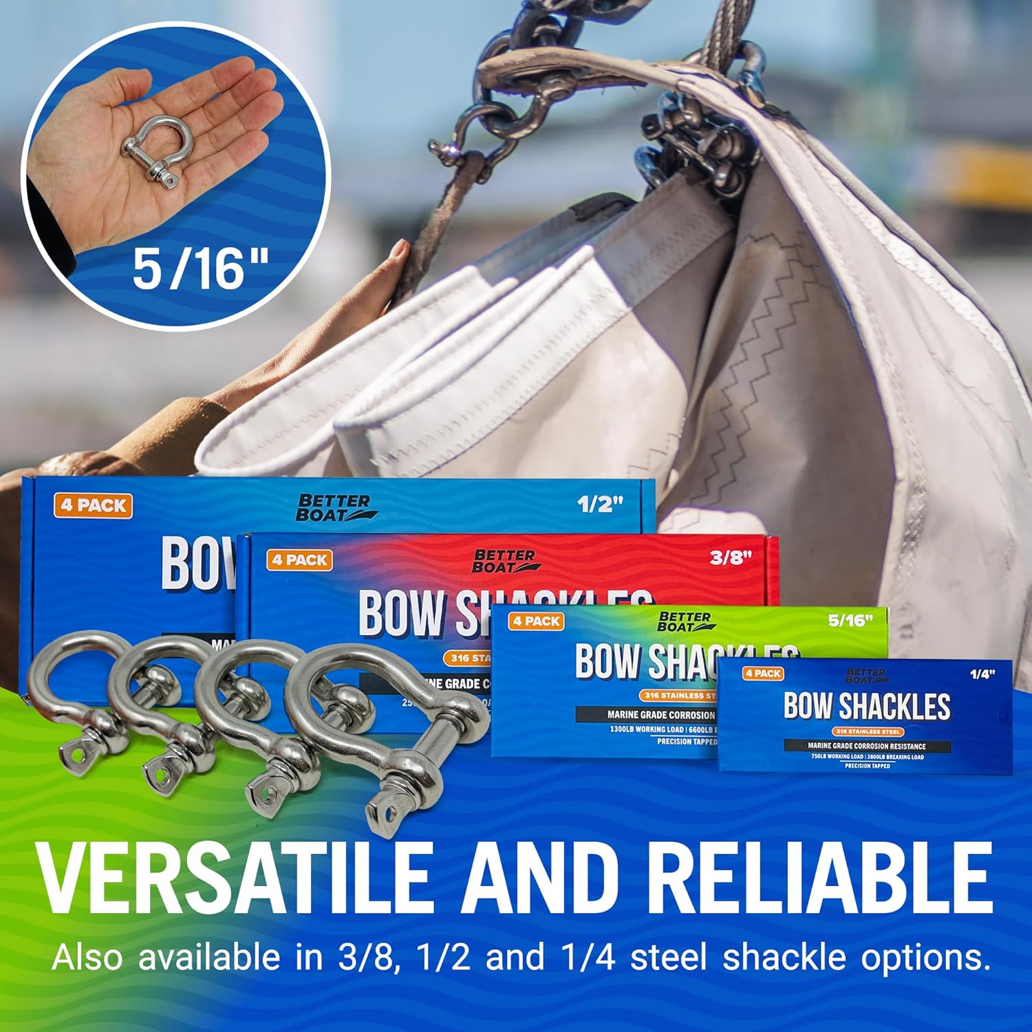 Premium Stainless Steel D-Ring Shackles, Marine Grade, 4-Pack, 1/2", 3/8", 5/16", 1/4", Mini Bow or Clevis Anchor Shackle for Boat, Sailboat, Chain, Rigging Clasp - Image 4