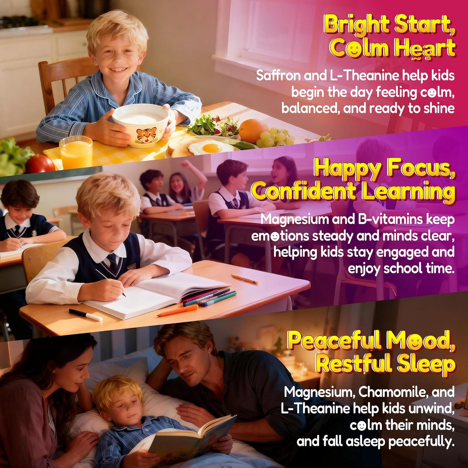 Happy Saffron Gummies for Kids Teen, Organic Saffron + Magnesium Glycinate Supplement with Probiotics, L-Theanine, Chamomile, D3, B6, B12 for Children's Focus & Mood, Calm, Sleep, Sugar Free, 120 Cts - Image 6