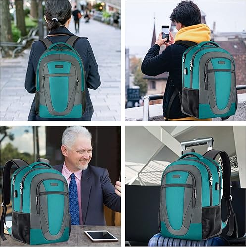 Miniatura 6 de BIKROD Mochila verde azulado para mujeres y hombres, mochila escolar para laptop de viaje para adolescentes con carga USB, mochila universitaria