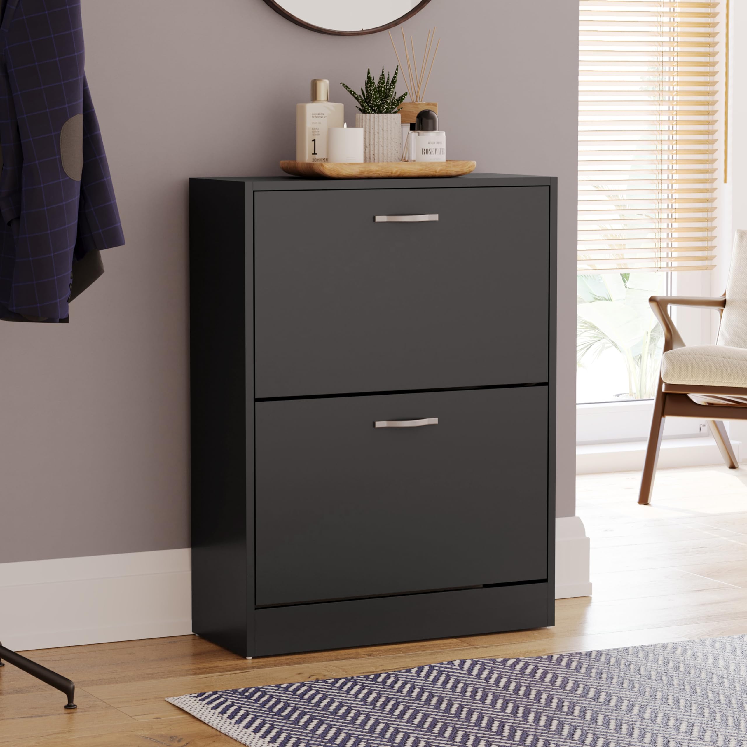 Vida Designs Shoe Cabinet, Wooden Shoe Storage Unit with 2 Pull-Down Drawers, Multifunctional Dust-Proof Space-Saving Slim Cupboard for Hallway or Entryway (Black)