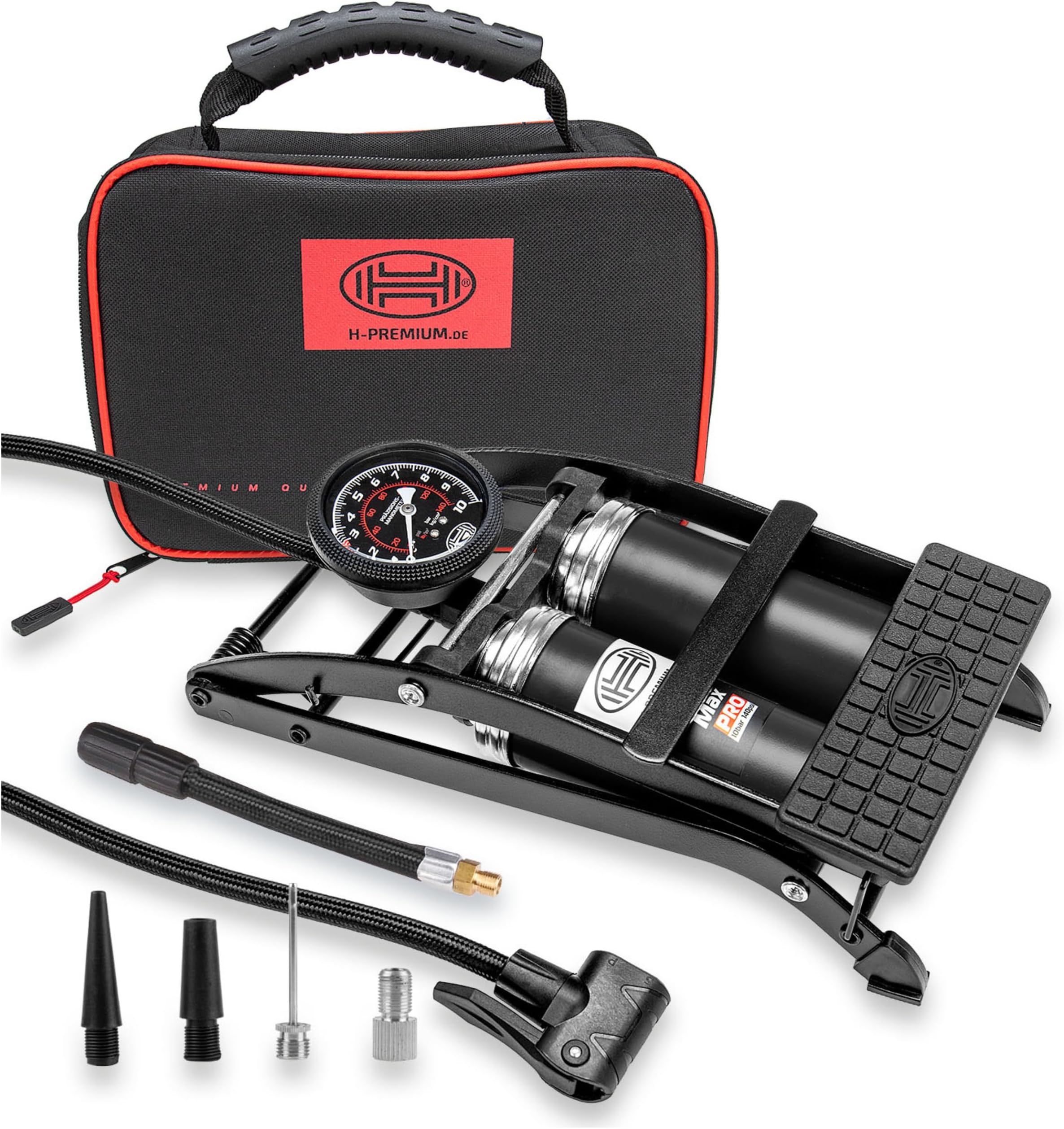 HEYNER PedalMax PRO Black Edt Premium Double Cylinder Foot Air Pump Tyre Inflator 140PSI 10BAR H225010