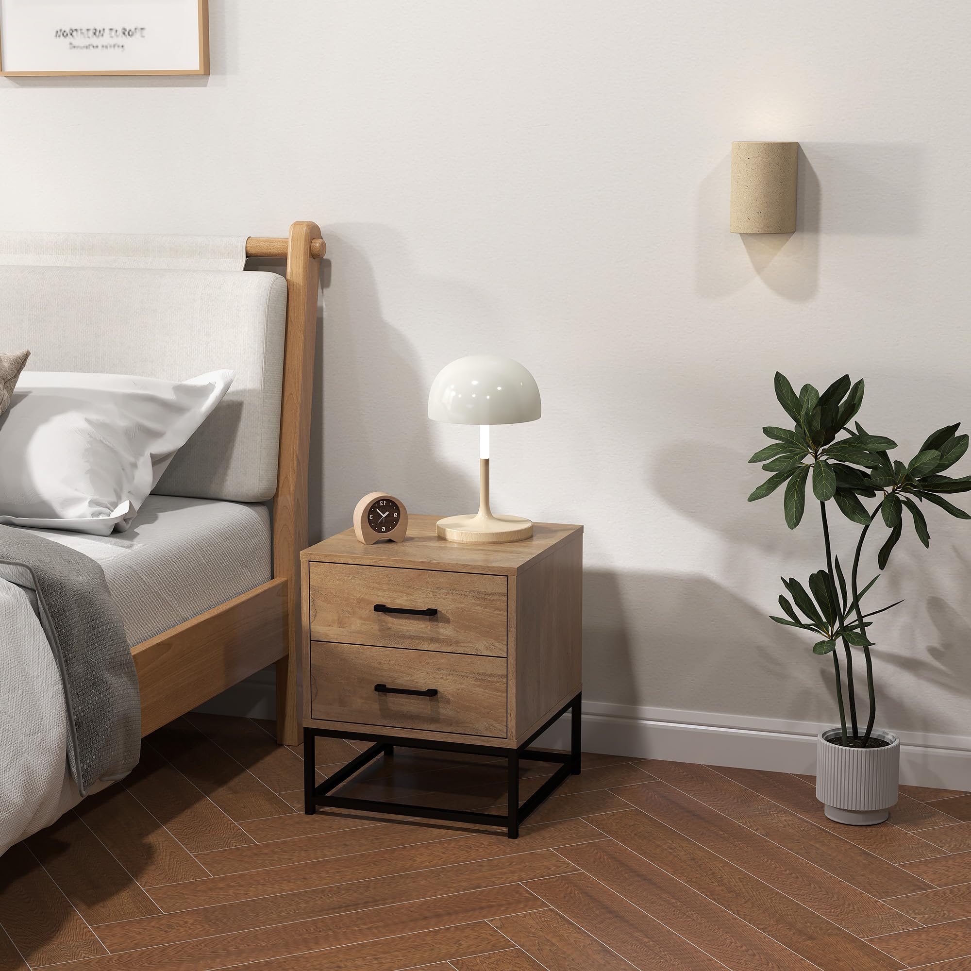 HOMCOM Juego de 2 Mesillas de Noche con 2 Cajones, Pareja de Mesillas de Noche de Estilo Industrial en Madera y Acero, Mesillas Auxiliares para Sofá, Sala de Estar, Salón y Dormitorio, 40x39.5x48 cm, | Estilo industrial de madera y acero, mesas auxiliares