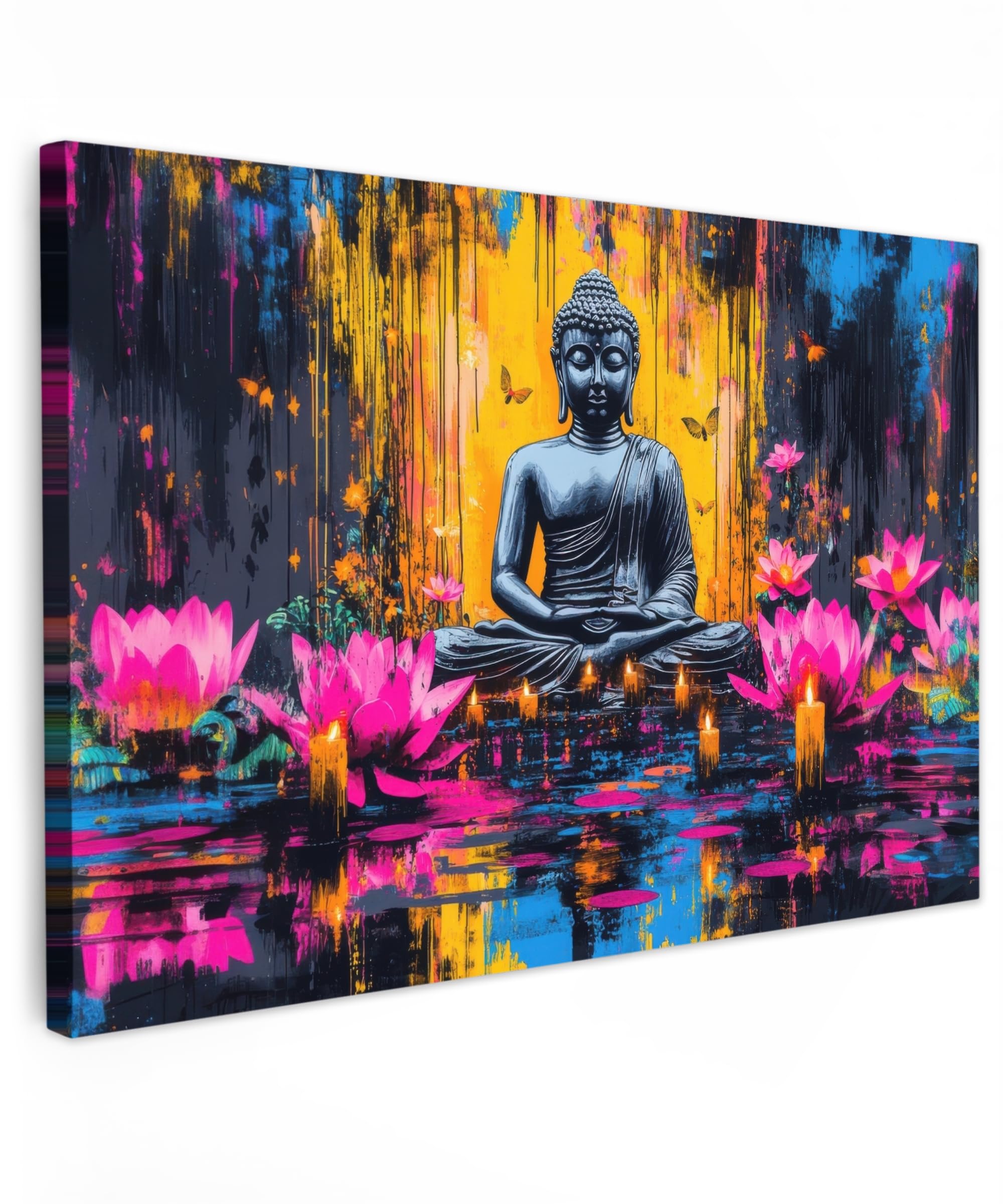 MuchoWow© Canvas Wall Art 35"x24" / 90x60 cm Decor Hanging Pictures for Living Room Canvus Artwork Deco Walls Buddha - Flowers - Candles - Yellow