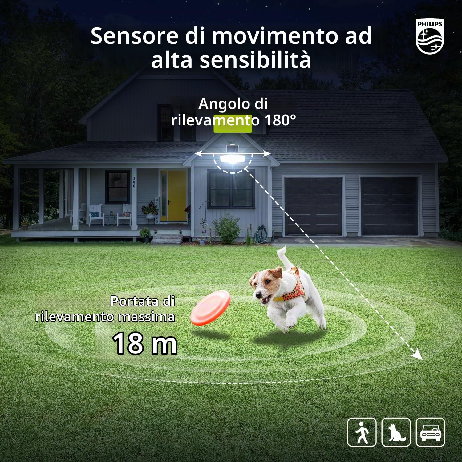 Philips Lampada di sicurezza solare 3600LM, impermeabile e dimmerabile con sensore di movimento LED per esterno, 3 teste orientabili con cavo da 5 m, pannello solare separato con 3 modalità
