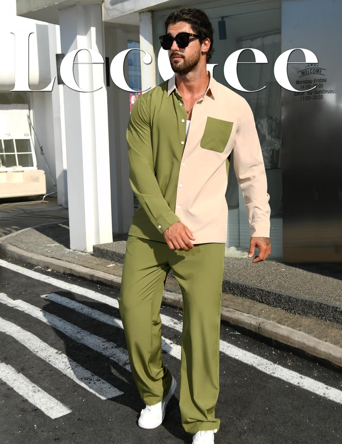 LecGee Mens 2 Piece Color Block Outfits Casual Long Sleeve Color Block Shirts and Pants Matching Set Sweatsuit - Image 2