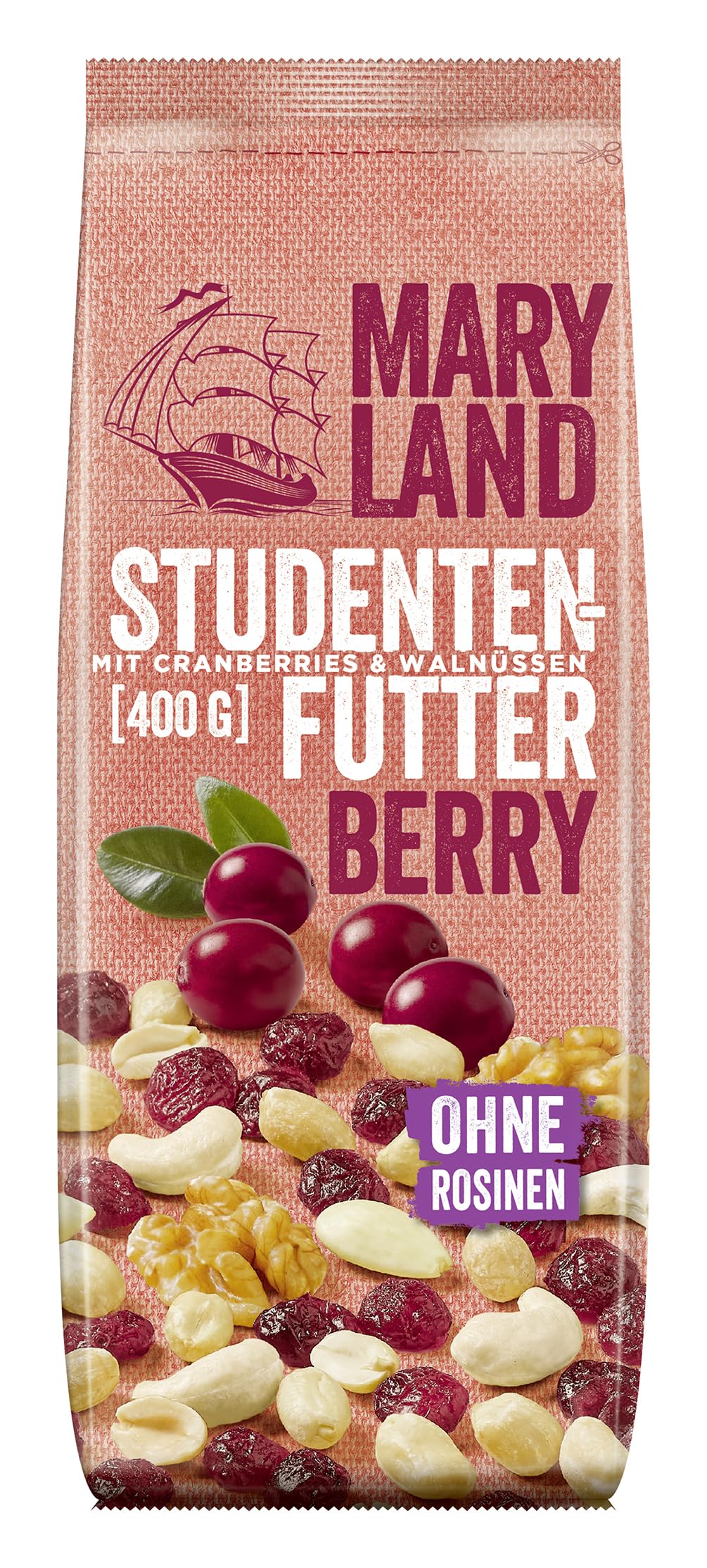 Maryland Studentenfutter Berry 400g - Cranberries, Erdnusskerne, Walnusskerne in Nuss Frucht Mischung - mit Erdnusskernen aus eigener Röstung in Deutschland - ohne Rosinen (1x 400g)
