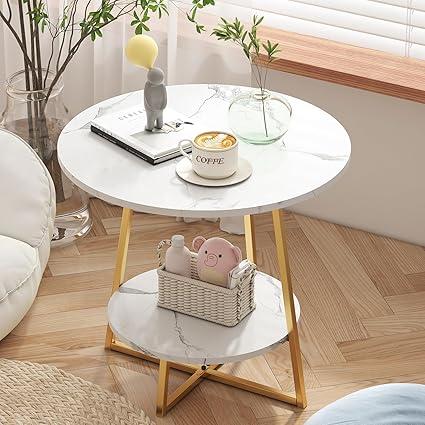 HOMWAYART Modern Round Coffee Tables for Living Room,End Table Beside Sofa or Bed,White Marble Wood Tray & Gold Square Tube Stand with Storage Spaces,Small Side Accent Table.Mesas para Sala