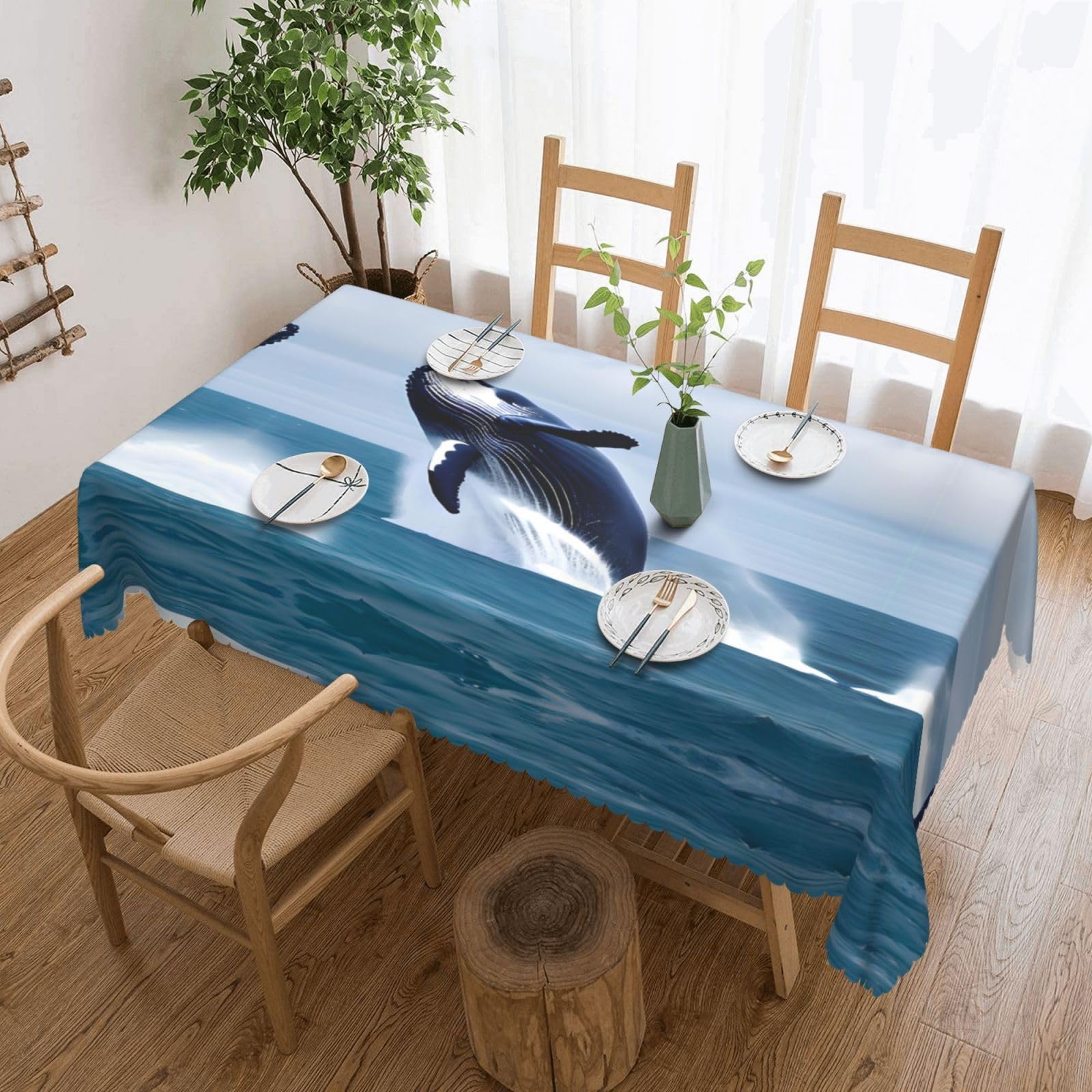 HLSBSSL Whales at sea Patterned square lace tablecloth, wrinkle-resistant and durable, suitable for dining tables, parties, etc.