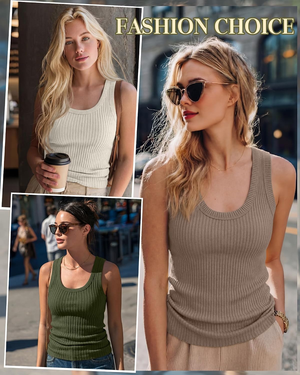 3 Pack Women's Cotton Tanks Ribbed Scoop Neck Sleeveless Shirts Thick Strap Slim Fitted Summer Casual Tee Tops