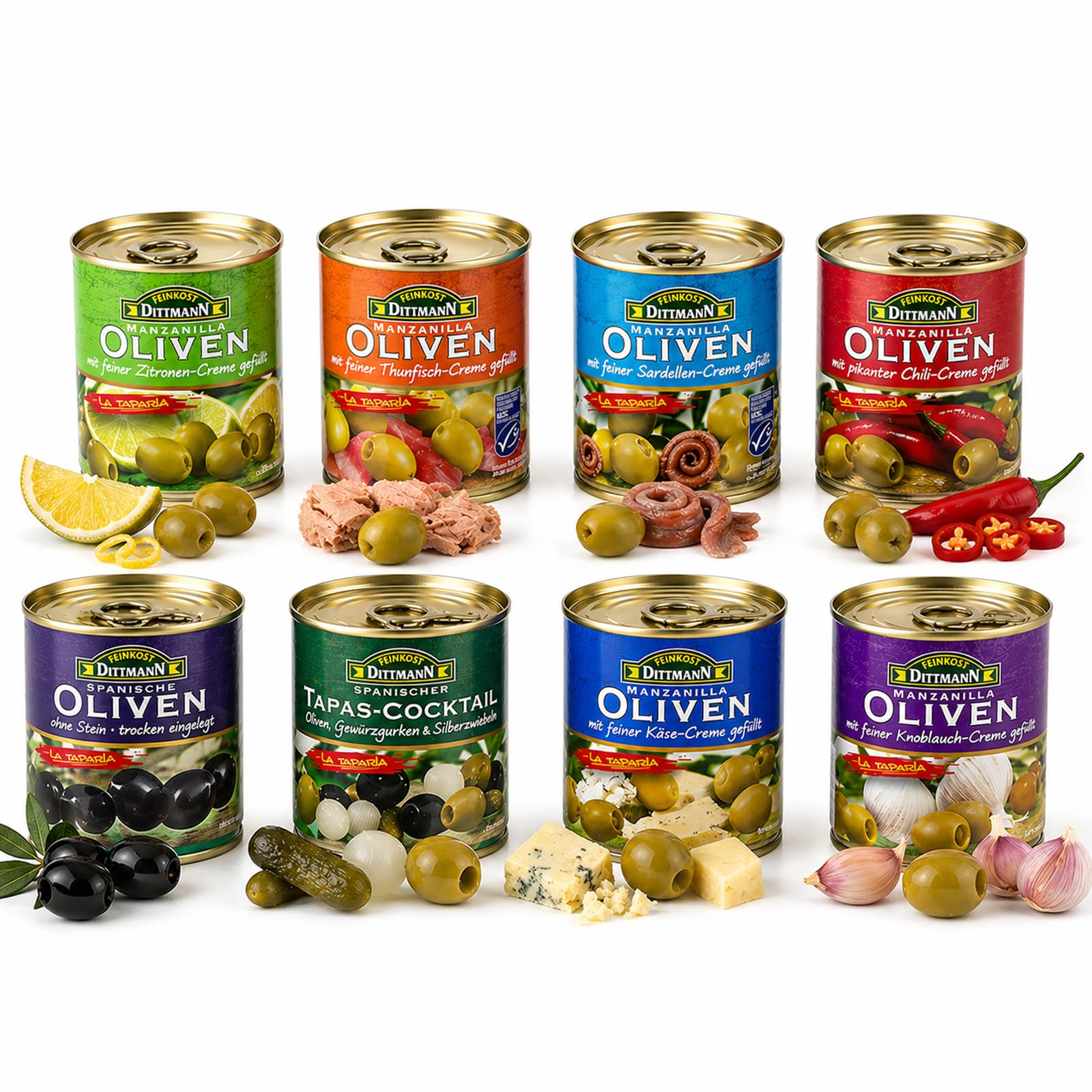 Feinkost Dittmann Oliven & Tapas Mix – 8er Set Manzanilla Oliven | gefüllt mit Chili, Sardellen, Thunfisch, Zitrone, Knoblauch, Blauschimmelkäse + Spanischer Tapas-Cocktail
