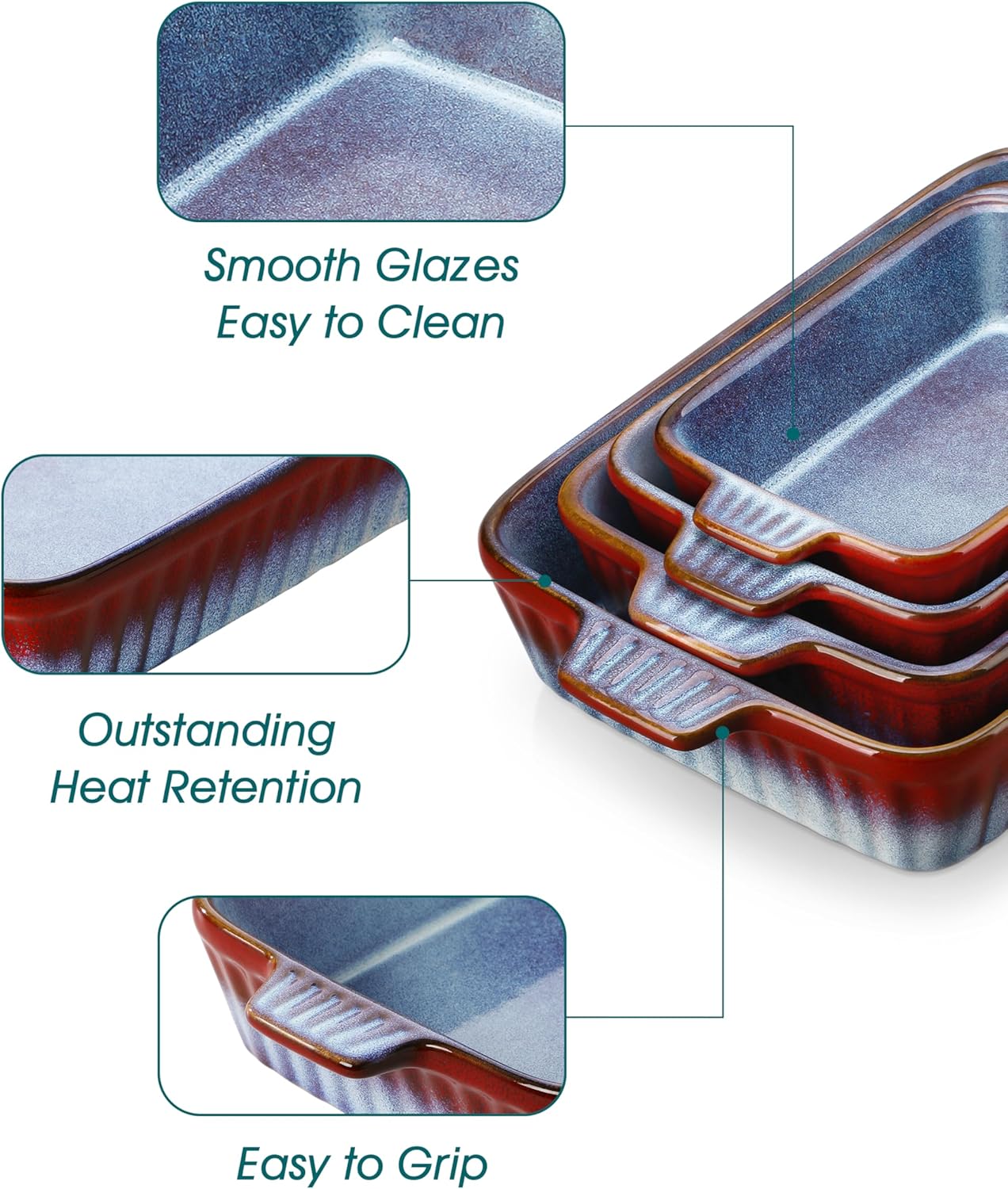 vancasso Ceramic Casserole Dishes for Oven, 4-Piece Bakeware Set, Rectangular Lasagna Pans with Handles, Deep Baking Dish for Cake, Kitchen, Microwave & Dishwasher Safe, Reactive Glaze Gradient Red & Blue(14.7"/12.2"/11.1"/9.4")
