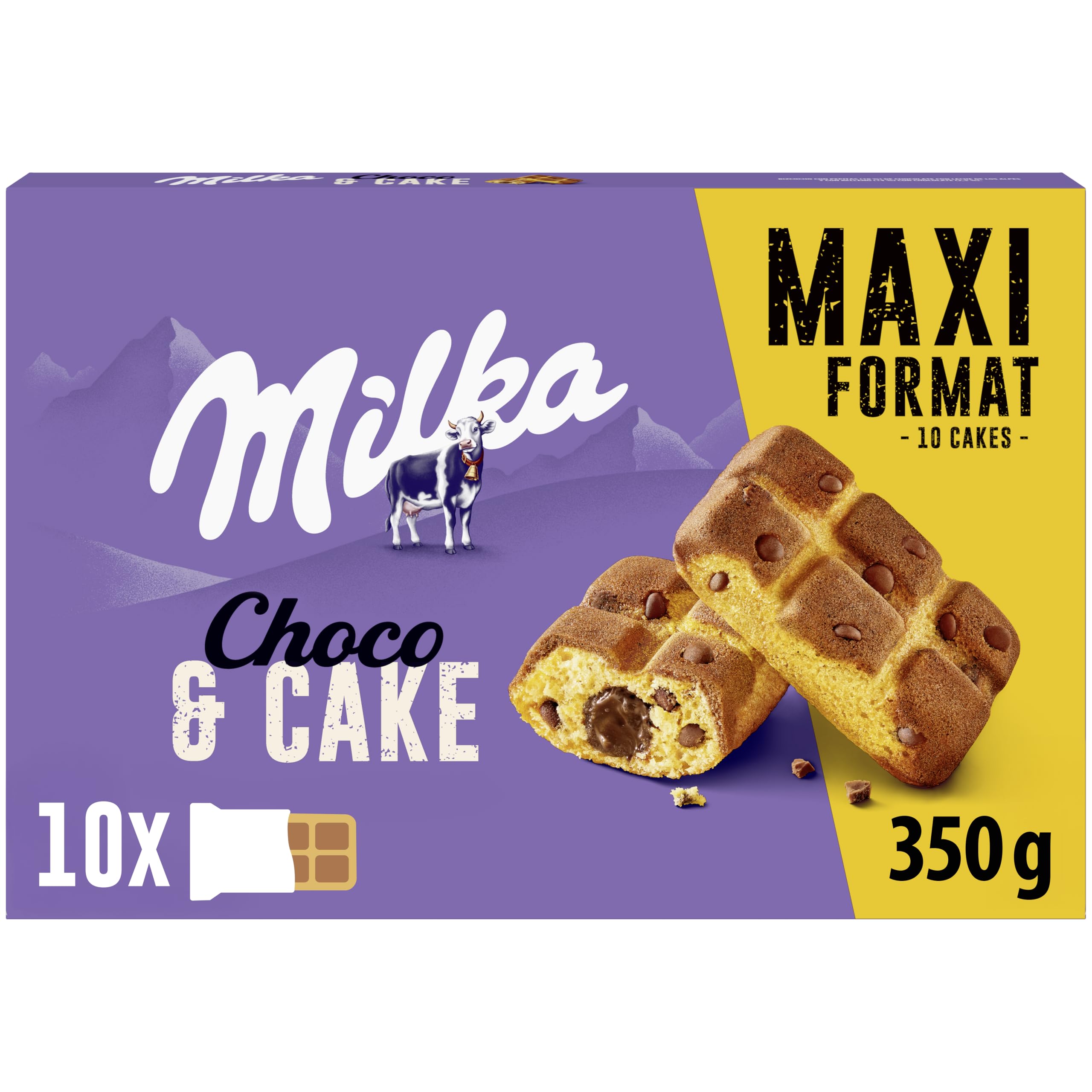 Milka Cake & Choc Bizcocho con Pepitas de Chocolate con Leche de los Alpes y Relleno de Chocolate, Formato Familiar 350g