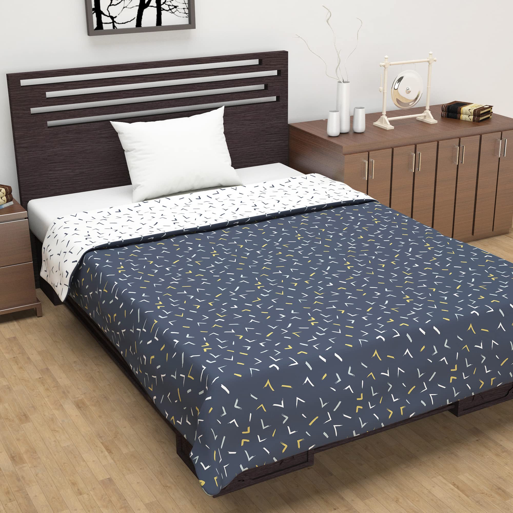 Divine Casa120 GSM Polyester Reversible Lightweight Printed Single Bed AC Dohar Blanket - Navy Blue and White