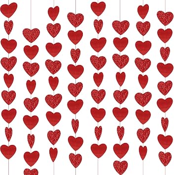 8 Packs Red Glitter Heart Garland- NO DIY - Heart Garland Decorations - Valentines Day Hanging String Banner - Valentines Day Decorations - Valentines Day Party Decor Supplies