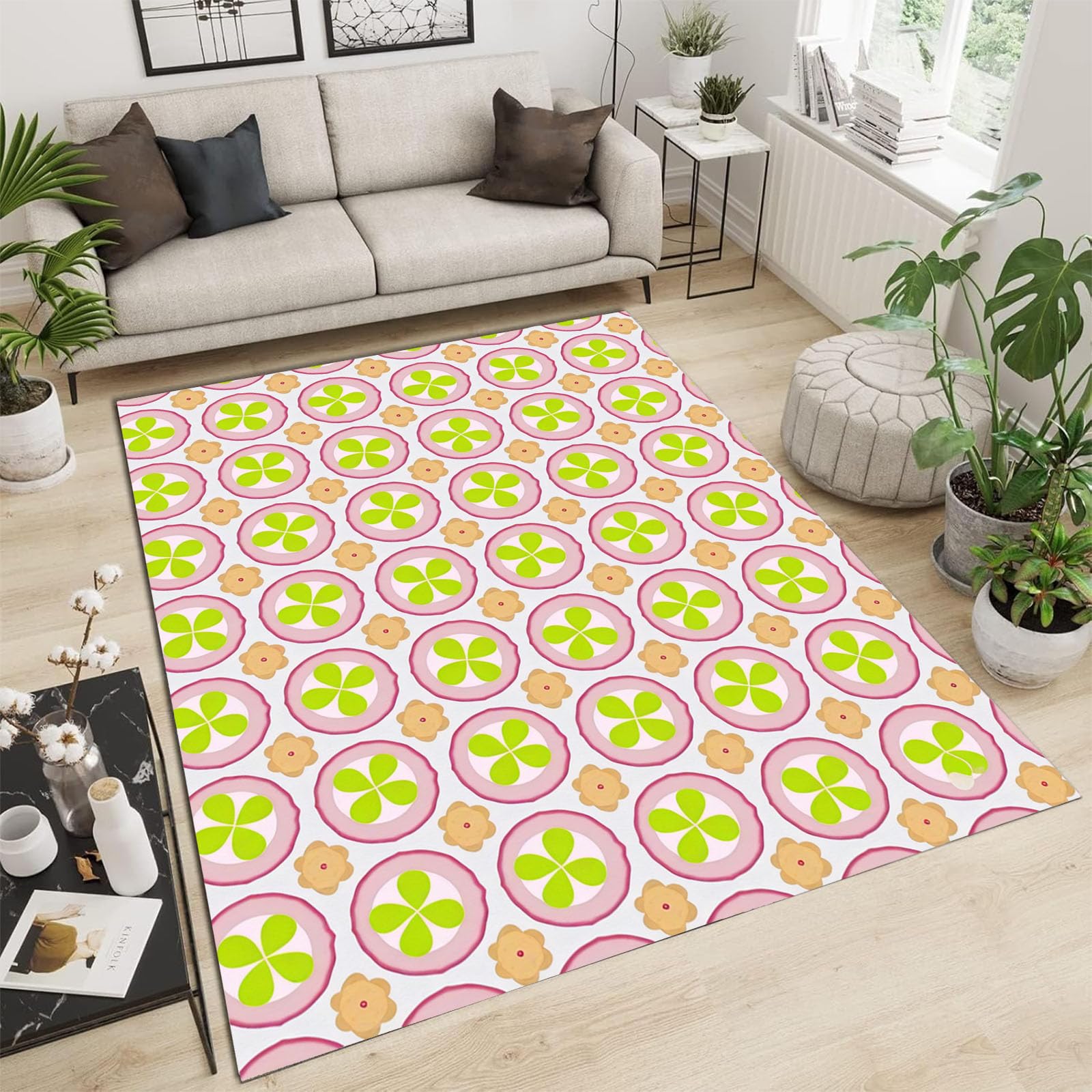 Tapis pétales verts 60x90cm floral rond émeraude pour salon