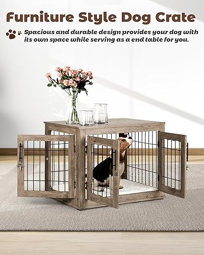 Miniatura 7 de Muebles de jaula para perros, jaulas medianas de 32 pulgadas con alfombrilla de cama, muebles de madera para perreras, mesa auxiliar para perros con