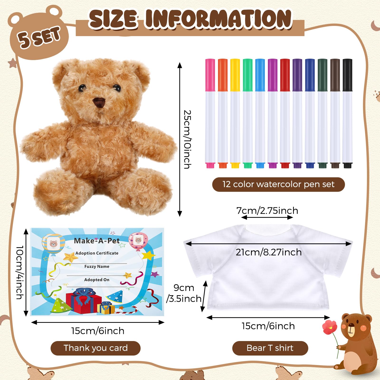 Blueweenly 20 Pcs Make Your Own Stuffed Bear Gift Kit 5 Pcs 9.84 Inches Rose Velvet Bear 5 White T Shirt 5 Set 12 Color Watercolor Pen 5 Paper Card DIY - Image 2