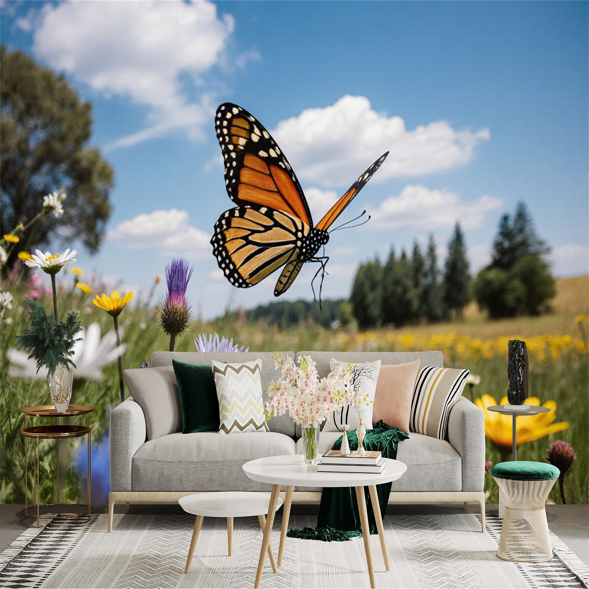 Custom Size Wall Sticker Mural， Orange Monarch Butterfly， Vibrant Wildflowers in Sunny Meadow， Peaceful Nature Landscape， for wall Decoration， peelandstick wall Decals.