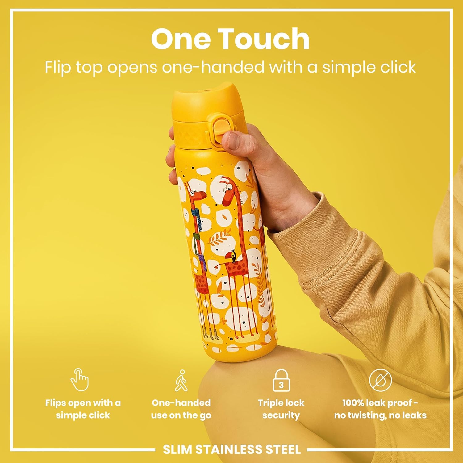 Ion8 Steel Water Bottle, 600 ml/20 oz, Leak Proof, Easy to Open, Secure Lock, Dishwasher Safe, Flip Cover, Fits Cup Holders, Carry Handle, Durable, Scratch Resistant, Raised Print, Giraffes Design - Image 4