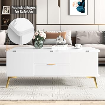 Modern Coffee Table with Lifting Top, Multi Functional Rectangle Coffee Table Dining Table with Storage Drawers, Large Lift Top Coffee Tables for Living Room, White