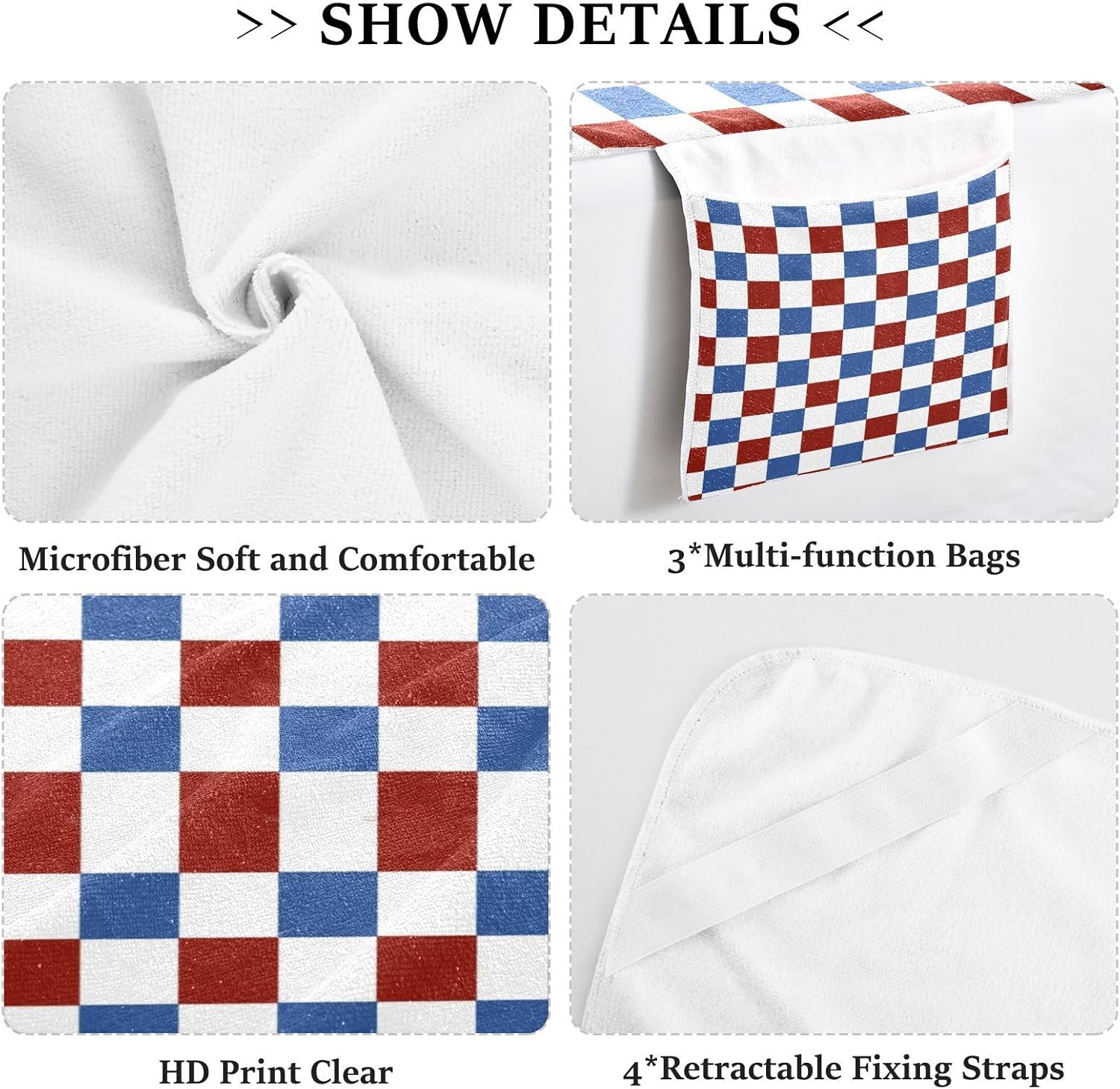 Red and Blue Plaid 4th Of July Independence Day Patio Lounge Chair Cover Soft Outdoor Chaise Lounge Cover with Windproof Straps for Pool Sunbathing Beach Garden, 85" X 30"