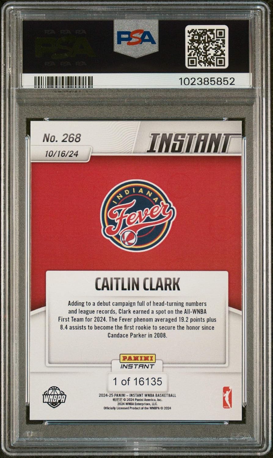 Graded 2024 Panini Instant WNBA Caitlin Clark #268 Rookie RC Basketball Card PSA 10 Gem Mint