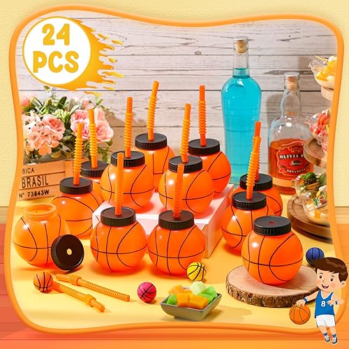 Miniatura 3 de Nuanchu Juego de 24 tazas de baloncesto de 14 onzas con pajitas y tapas, vasos de bolas de plástico reutilizables, vasos de baloncesto para fiestas,