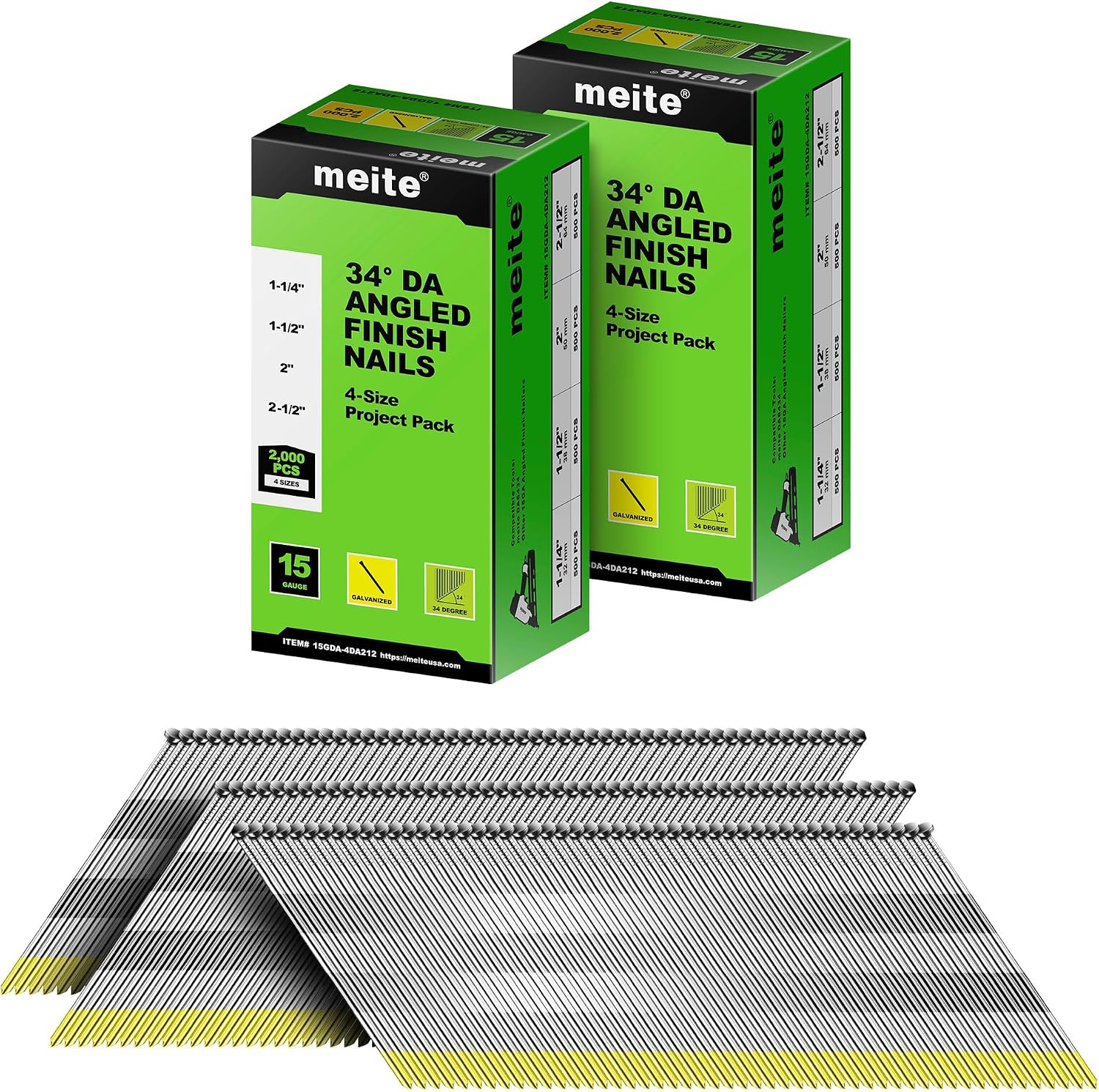 meite 15 Gauge 34 Degree Angled Finish Nails Set, 4,000PCS Galvanized Finishing Nails for Nailer Guns - Perfect for Window Trim, Cabinet Building