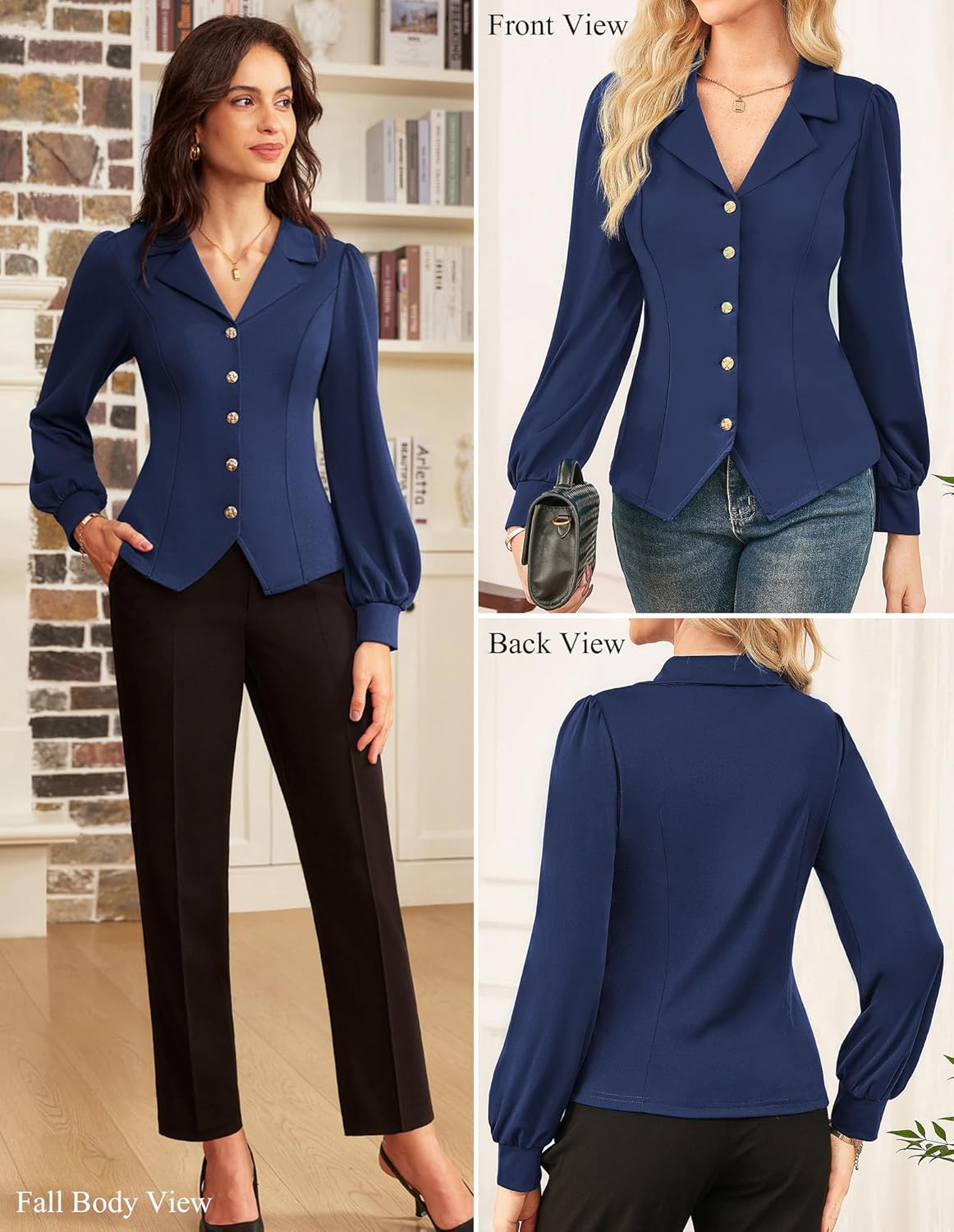 GRACE KARIN Work Shirts for Women Lantern Long Sleeve V Neck Blouse Button Down Elegant Business Office Top - Image 2