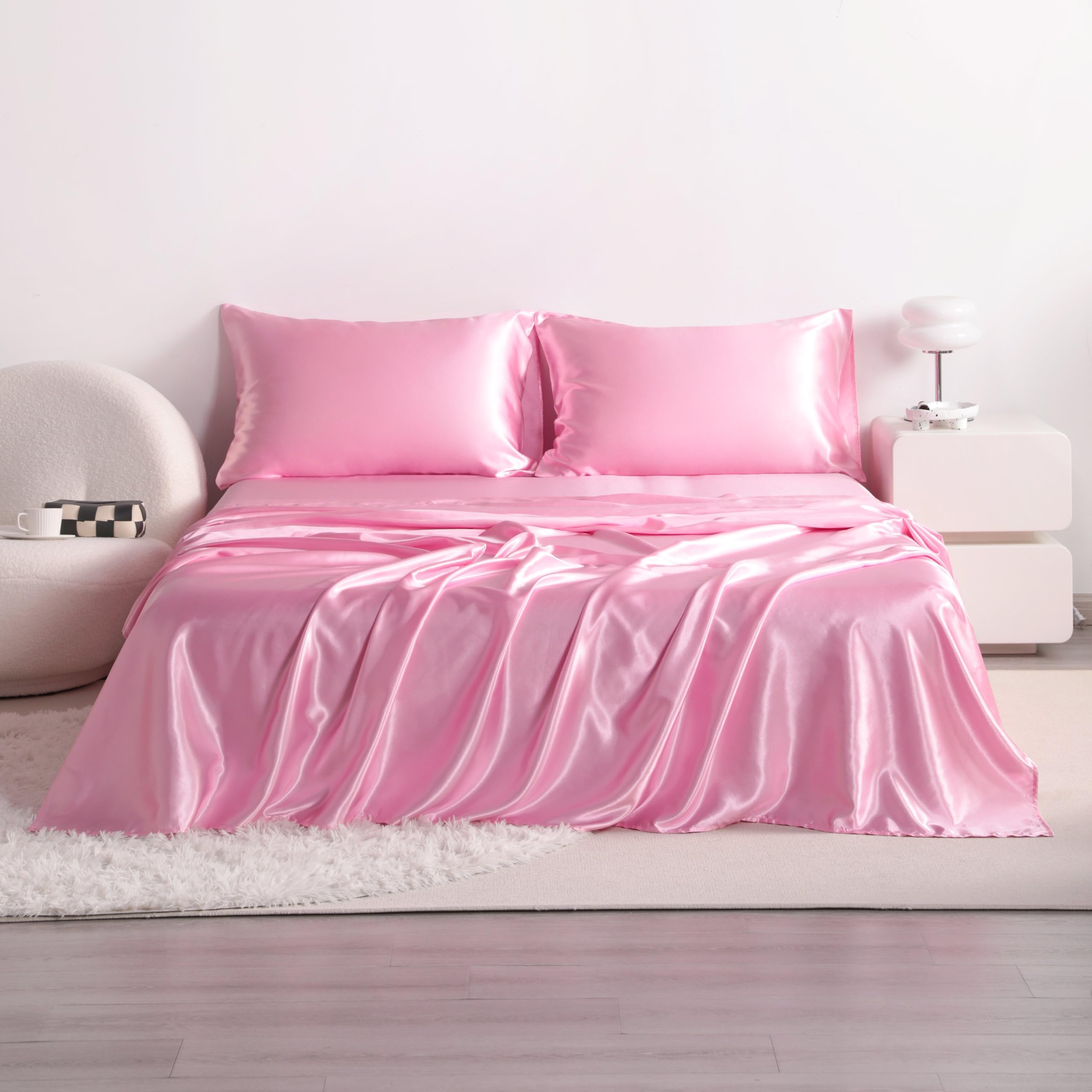 Twin Satin Bed Sheet Set, 3 Pieces Bed Sheet Set with Silky Solid Color, 1 Deep Pocket Fitted Sheet, 1 Flat Sheet, and 1 Pillowcase, Pink