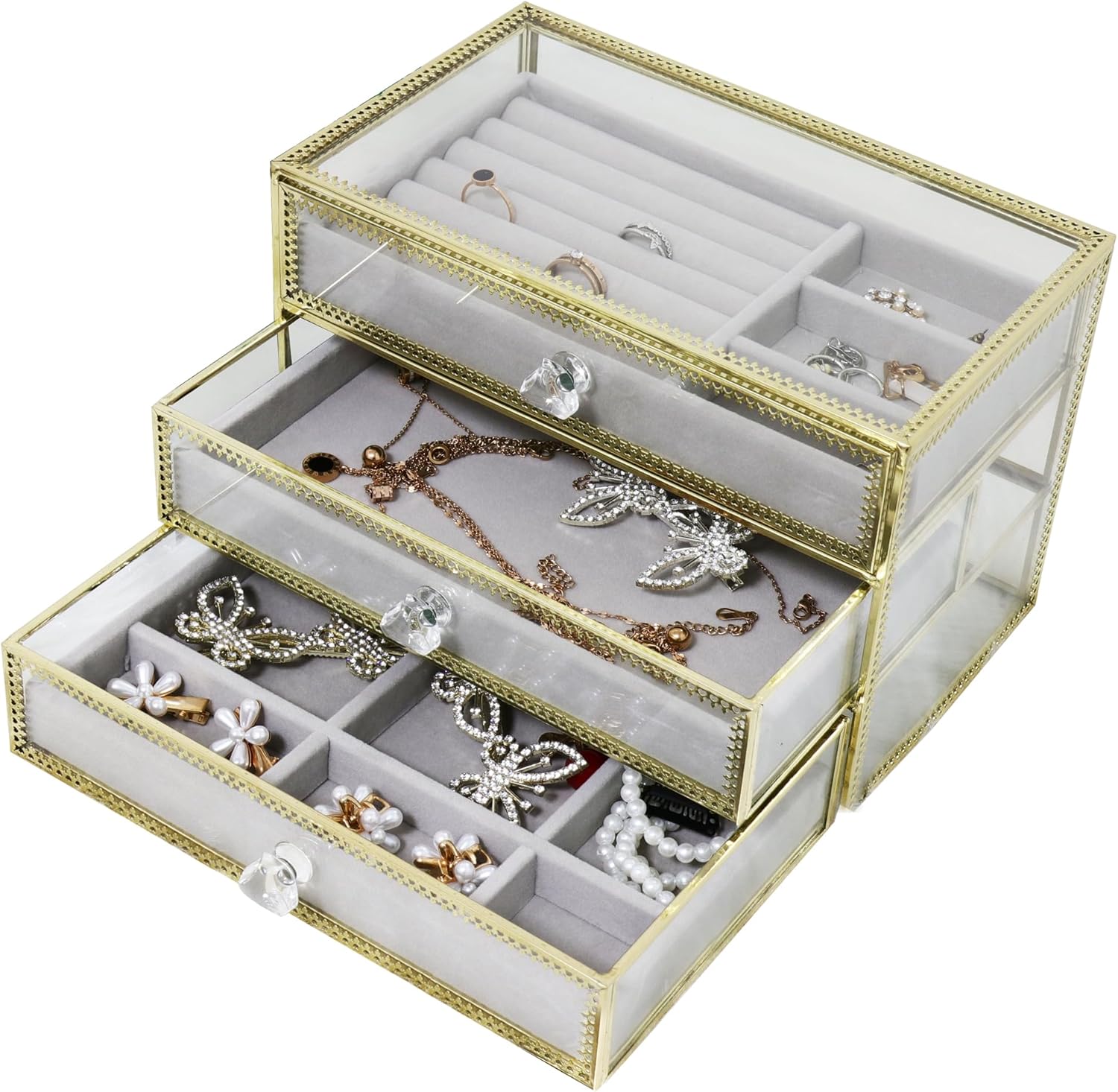 MOOCHI Golden Brass Vintage Glass Jewelry Box with 3 Drawers Earrings Necklace Ring Bracelet Watch Costmetic Organizer Case for Women