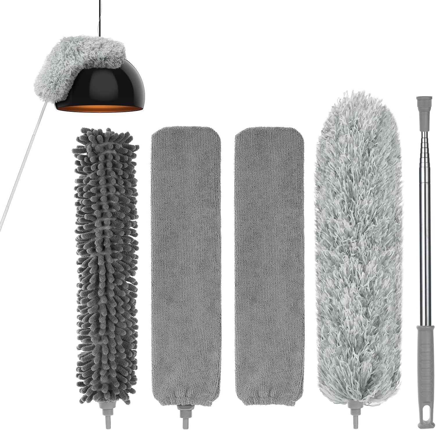 Vicloon Telescopic Duster 7 Pieces Microfibre Duster Up to 243 cm Length Telescopic Handle Corner Broom Washable with Stainless Steel Telescopic Rod and Mini Window Cleaning Brush Bendable Cleans Corners
