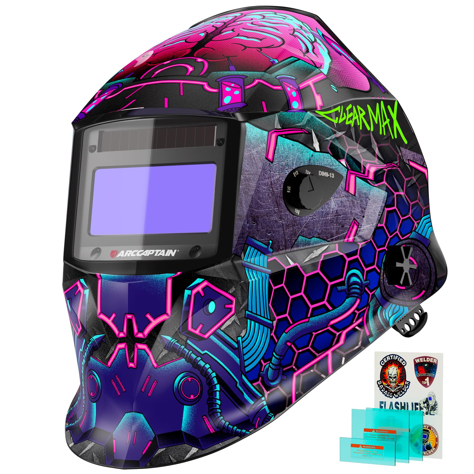 ARCCAPTAIN Casco de soldadura con pantalla de visualización grande, 1/1/1/1 de claridad óptica superior, oscurecimiento automático, sensor de 4 arcos, tiempo de respuesta de 1/25000s, casco de