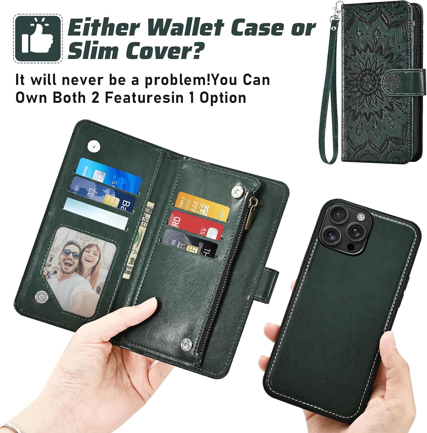 Phone Case for iPhone 16 Pro Max 6.9 inch Zipper Wallet Magnetic Detachable Cover with Screen Protector Crossbody Lanyard Strap Flip Card Holder Slot i Phone16 16Pro i16 ProMax 16ProMax Dark Green