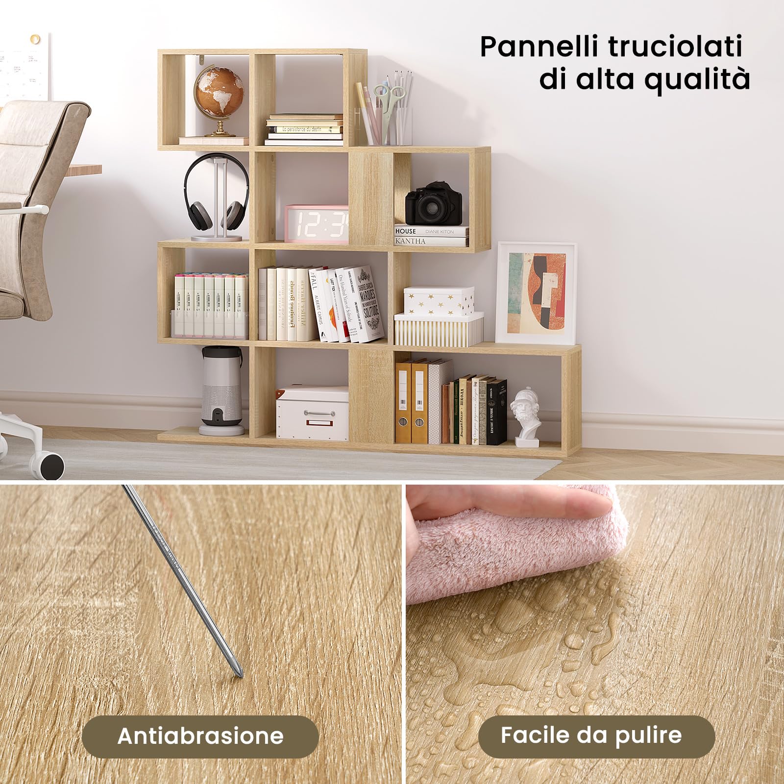 eSituro Libreria a 4 Livelli, Scaffale Divisorio con 11 Scomparti Aperti, Scaffale in Piedi, Scaffale a Gradini, per Soggiorno, Camera da Letto, Ufficio, 115x109,5x19,5 Cm, Rovere Chiaro