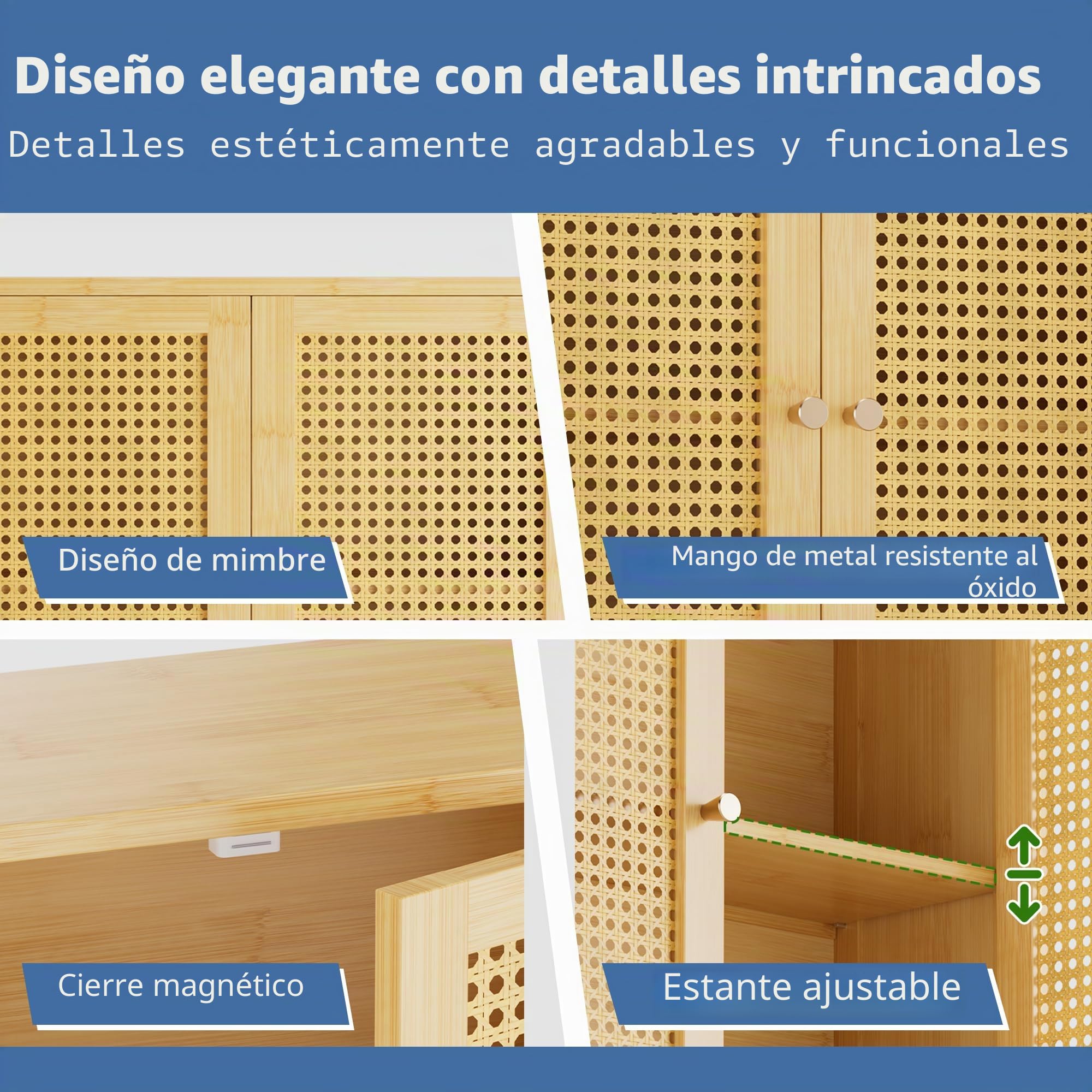 HITNET Armario Baño Pared en Ratán, Mueble Colgante de Bambú, Gabinete de Almacenamiento Suspendido con Doble Puerta y Estantes Ajustables, para Salón, Pasillo y Cocina, Color Natural