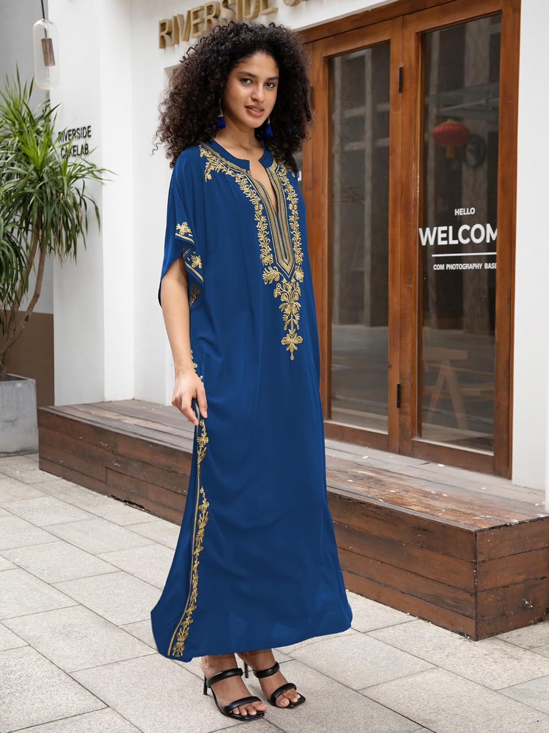 Women Embroidery Golden V Neck Arabic Dubai Kaftan Casual Beach Wear Cover Up Side Split Long Dress Blue - Image 3
