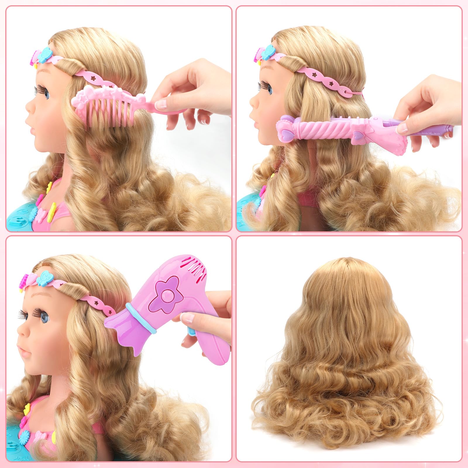 deAO Muñeca para Peinar, Juguete De Cabeza De Estilo con Luces, Muñeca para Peinar y Maquillar con Accesorios, Princess Make-Up and Hairdressing Head, Set Peluqueria Juguete Niña