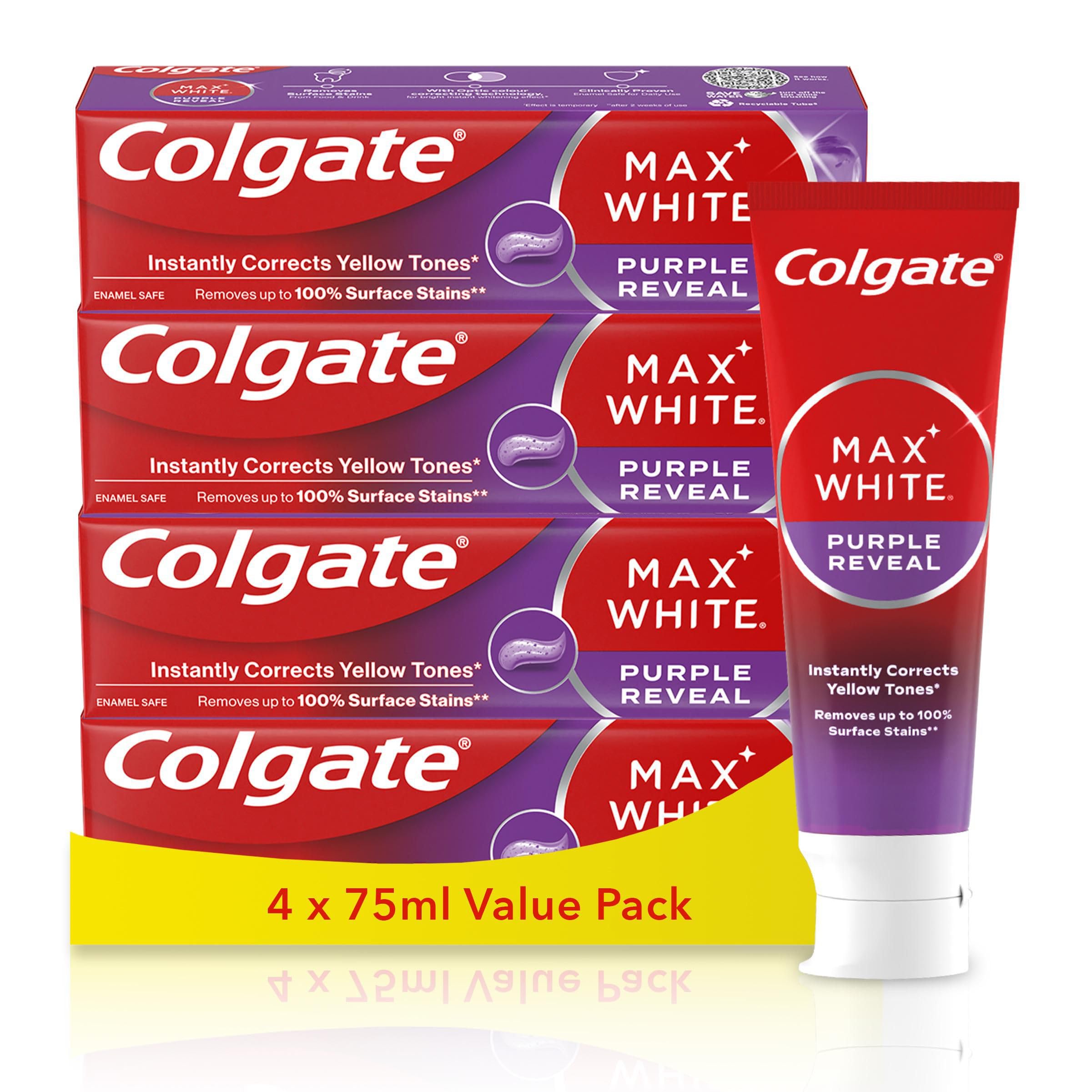 Colgate Max White Purple Reveal Teeth Whitening Toothpaste - Clinically Proven to Remove up to 100% of Surface Stains** - Fluoride Toothpaste - Colgate Toothpaste Multipack - 4 X 75ml