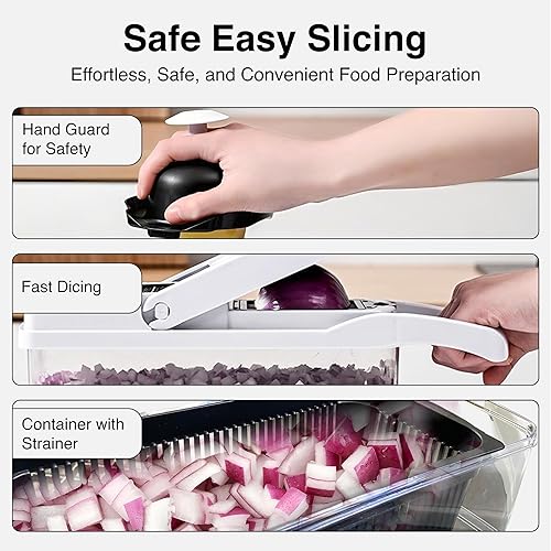 Miniatura 4 de ISHKITCH Picadora manual de verduras y mandolina Cortador de alimentos de varias cuchillas, cortador con cuchillas de acero inoxidable afiladas,