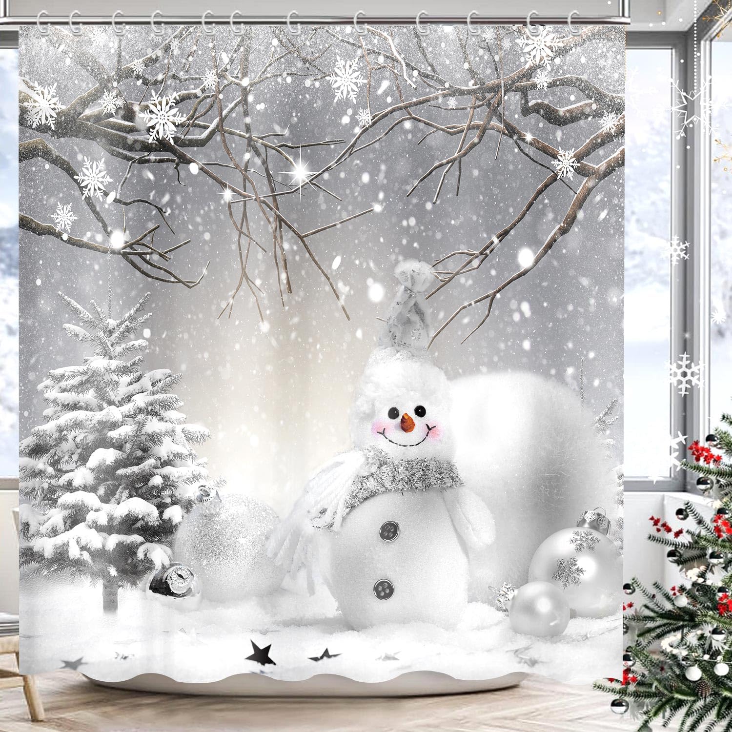Winter Christmas Shower Curtain for Bathroom, Snowman Snowflake Scene Bath Curtains, Pine Tree Covered Snow Fabric Holiday Decor Bath Accessories Set